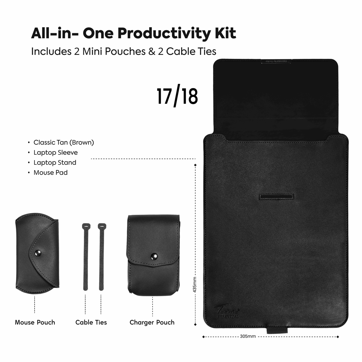 Techie 3-in-1 Multifunctional Laptop Sleeve with Stand & Mouse Pad - Midnight Black