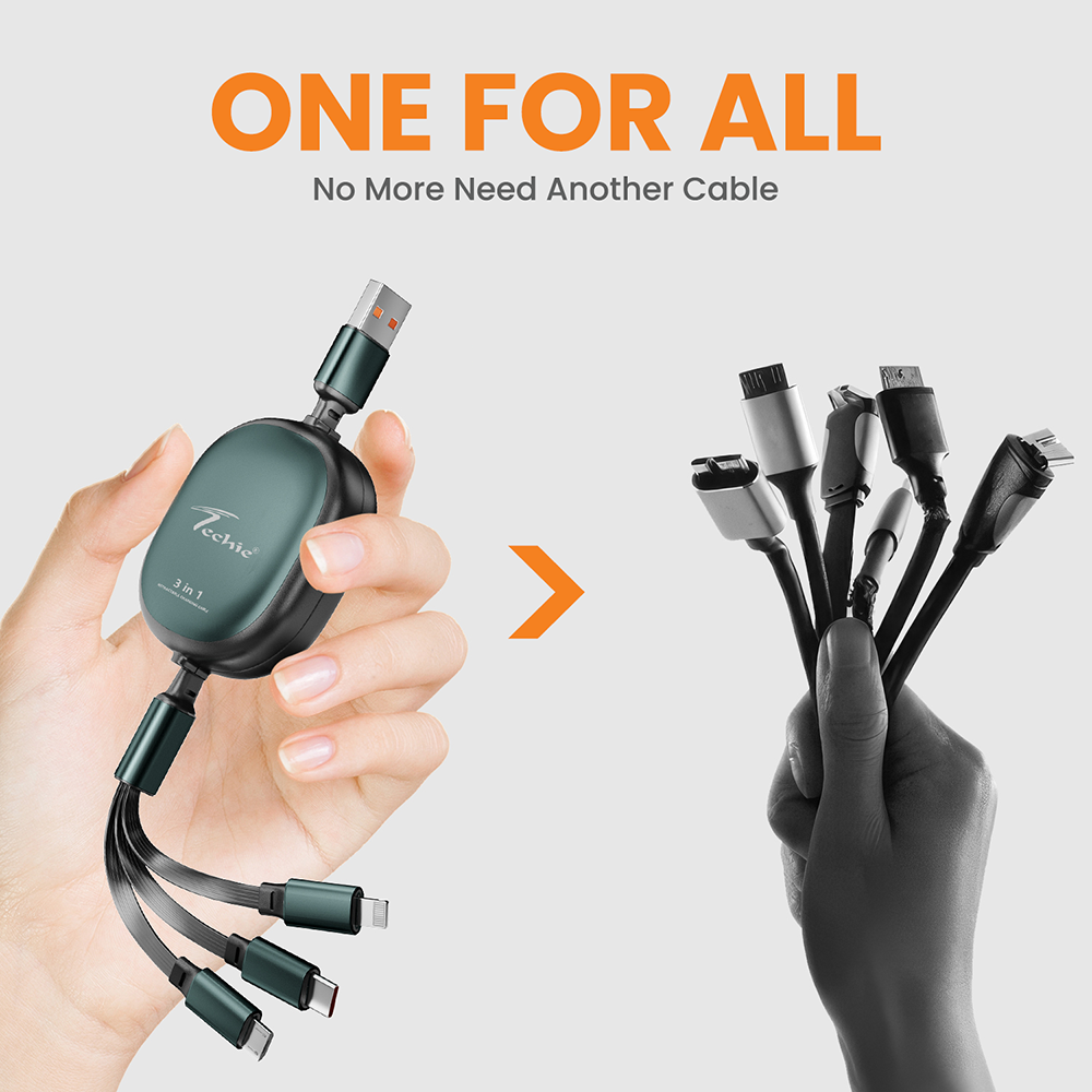 Techie 3-in-1 Retractable Charging Cable (Type-C | Lightning | Micro-USB)