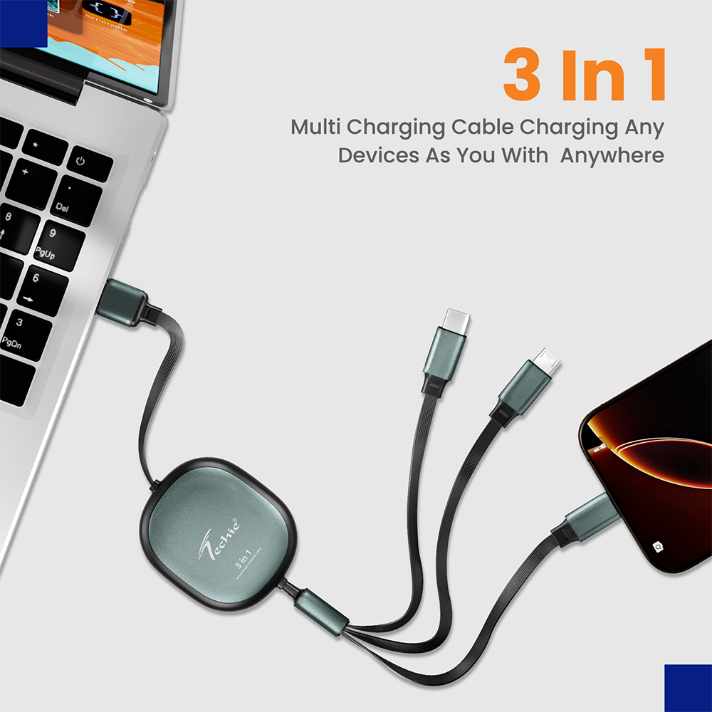 Techie 3-in-1 Retractable Charging Cable (Type-C | Lightning | Micro-USB)