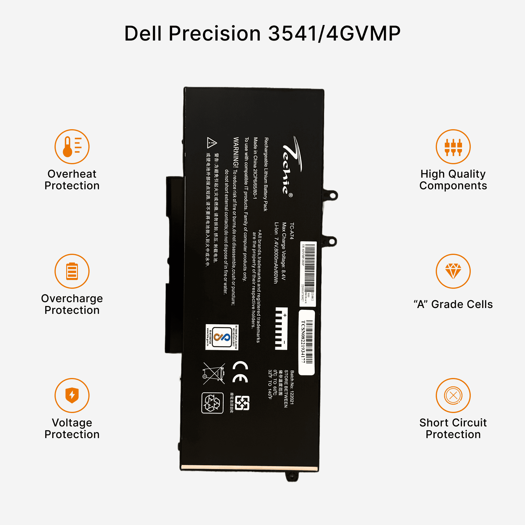 Techie Compatible Battery for Dell 3541/4GVMP - Latitude 5400, 5401, 5500 Laptops (8000mAh, 4-Cell)
