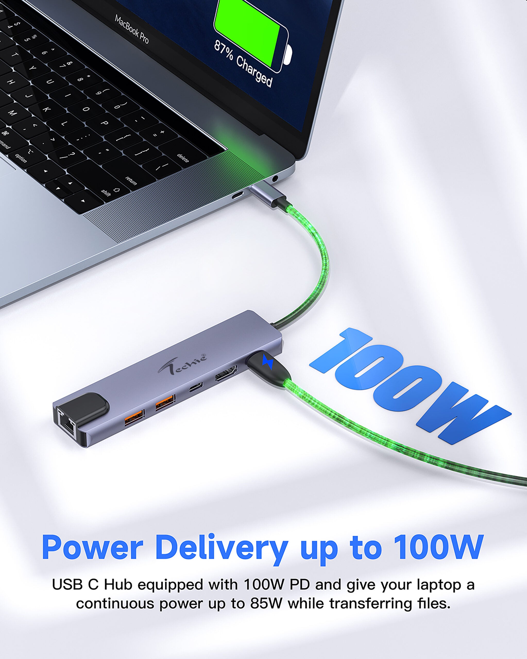 Techie TC Connect 6-in-1 Type-C Hub: HDMI 4K@60Hz, USB3.2, PD 100W, and Gigabit LAN