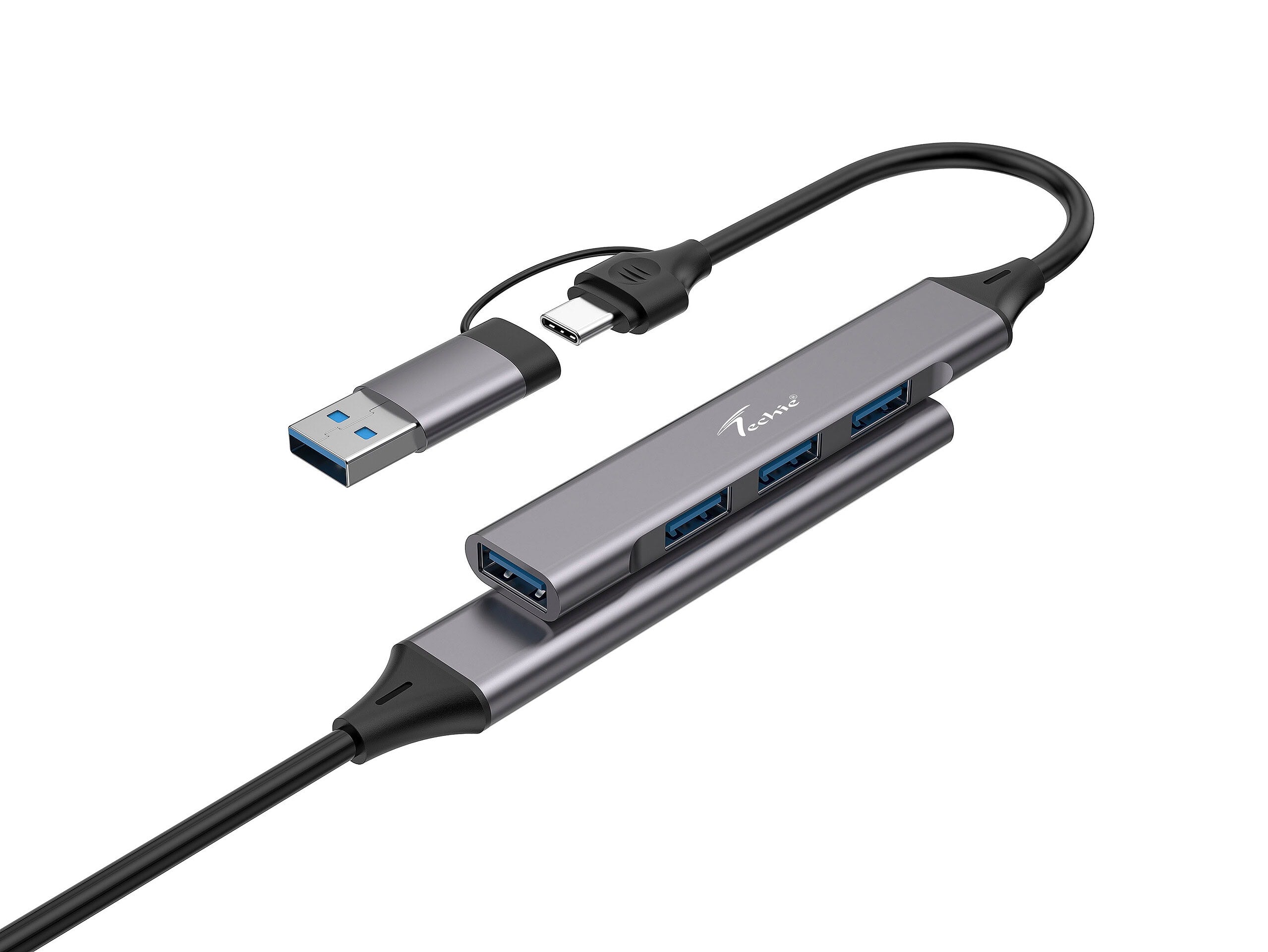 Enhance Your Device's Connectivity with Techie 4-in-2 USB/Type-C Hub – 3 x USB 2.0 & 1 x USB 3.0 Ports for MacBook, Laptop, PC