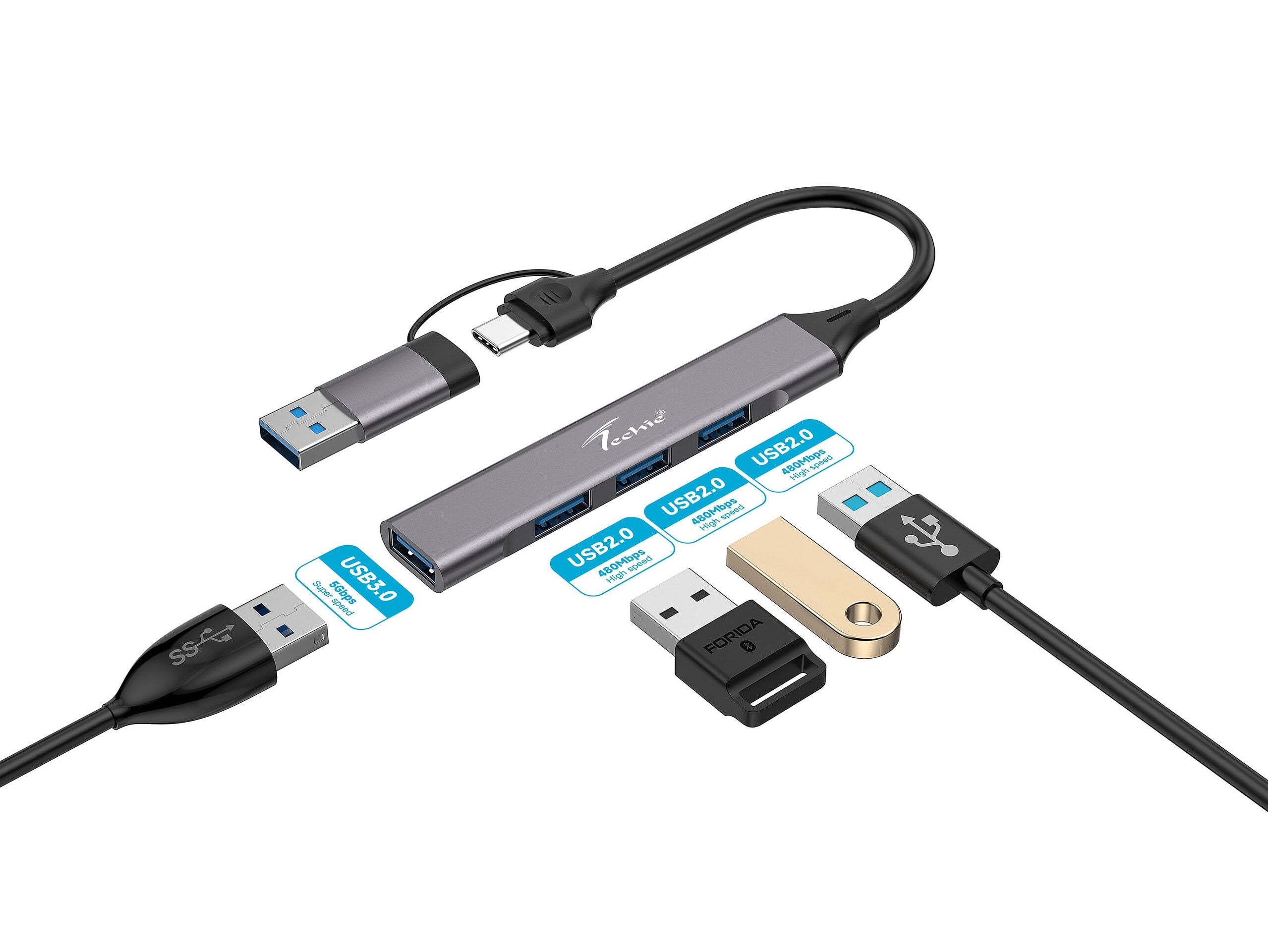 Enhance Your Device's Connectivity with Techie 4-in-2 USB/Type-C Hub – 3 x USB 2.0 & 1 x USB 3.0 Ports for MacBook, Laptop, PC