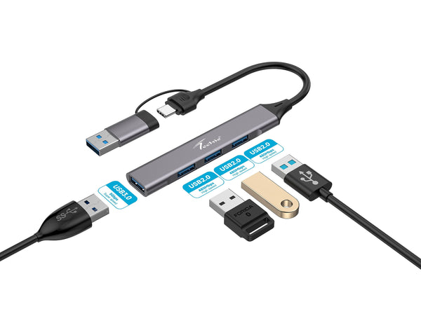 Enhance Your Device's Connectivity with Techie 4-in-2 USB/Type-C Hub – 3 x USB 2.0 & 1 x USB 3.0 Ports for MacBook, Laptop, PC