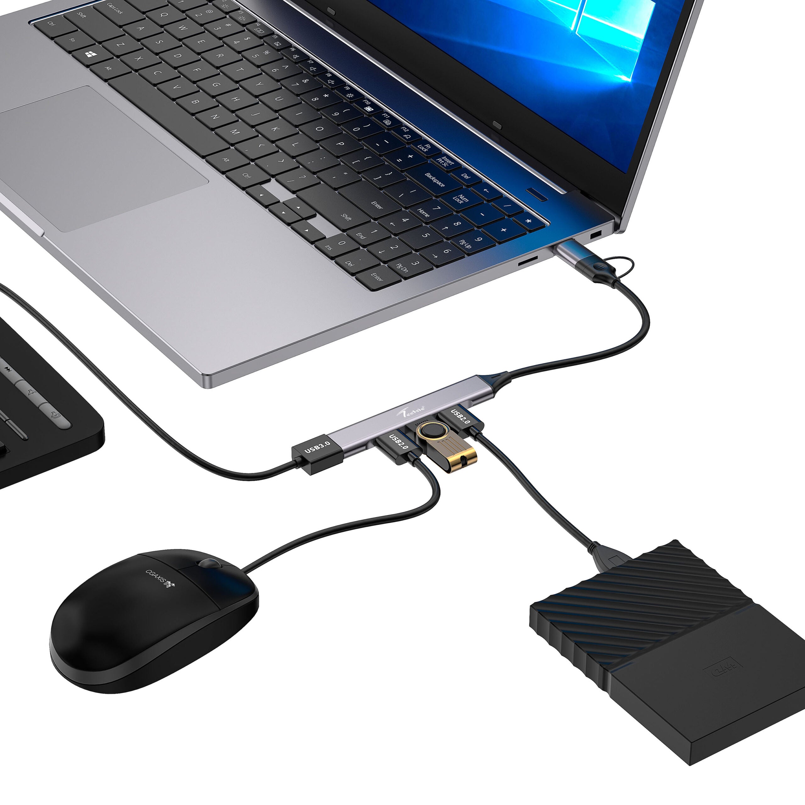 Enhance Your Device's Connectivity with Techie 4-in-2 USB/Type-C Hub – 3 x USB 2.0 & 1 x USB 3.0 Ports for MacBook, Laptop, PC