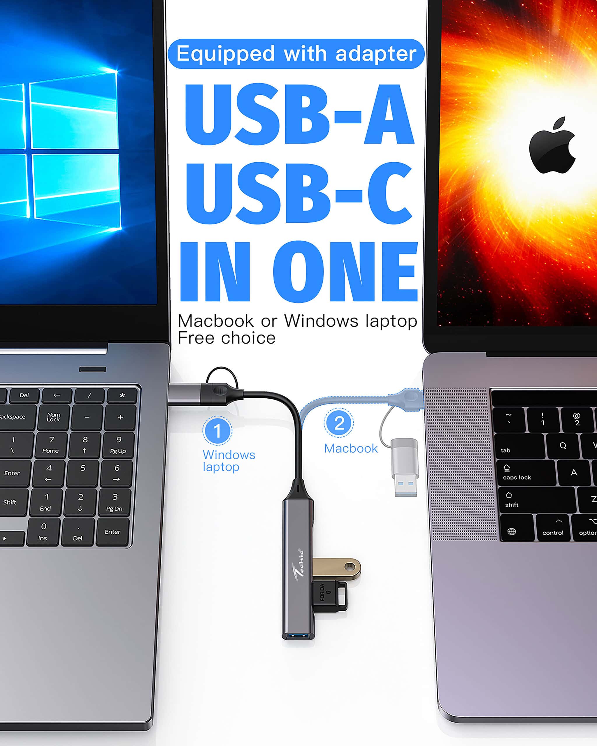 Enhance Your Device's Connectivity with Techie 4-in-2 USB/Type-C Hub – 3 x USB 2.0 & 1 x USB 3.0 Ports for MacBook, Laptop, PC