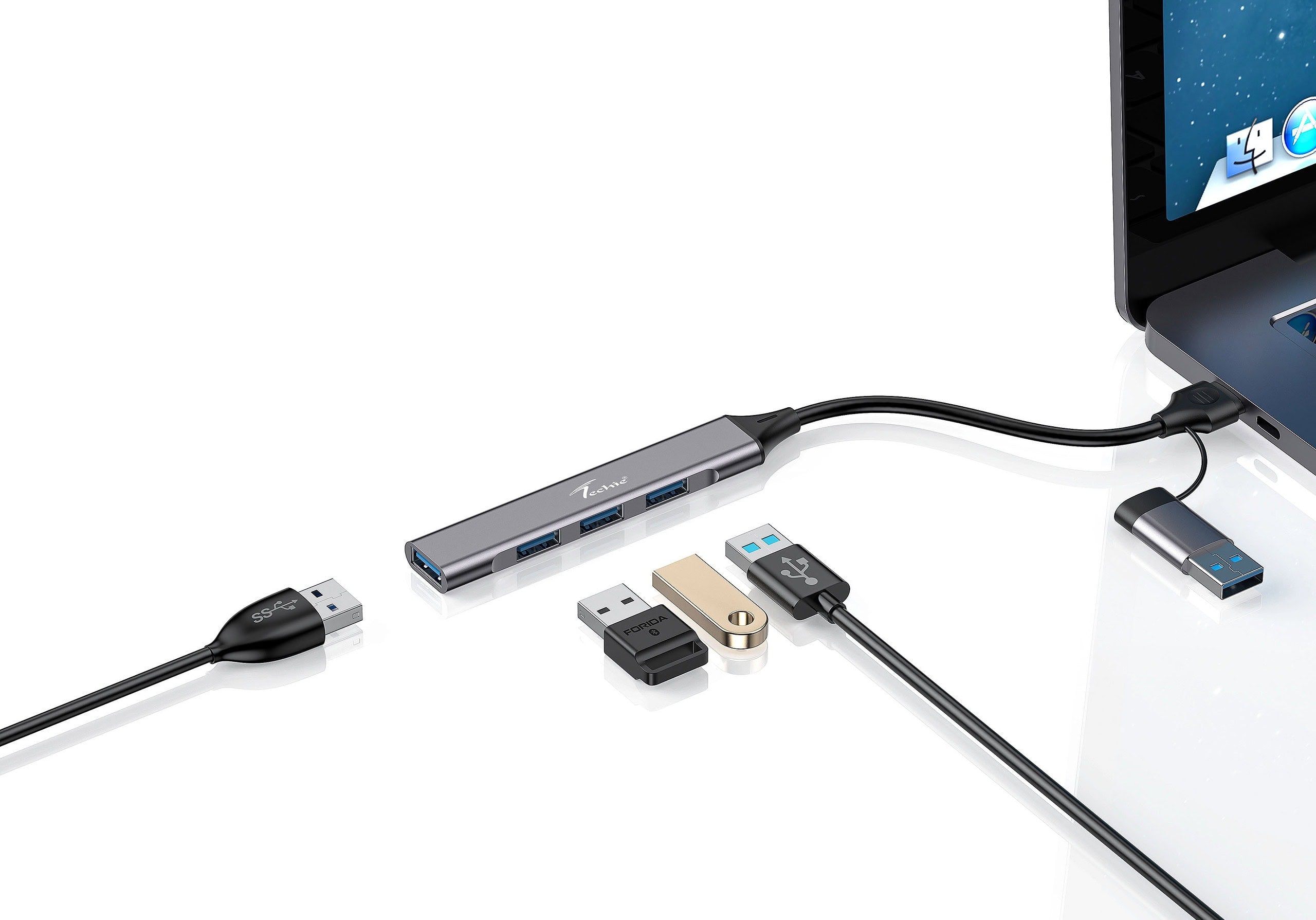 Enhance Your Device's Connectivity with Techie 4-in-2 USB/Type-C Hub – 3 x USB 2.0 & 1 x USB 3.0 Ports for MacBook, Laptop, PC
