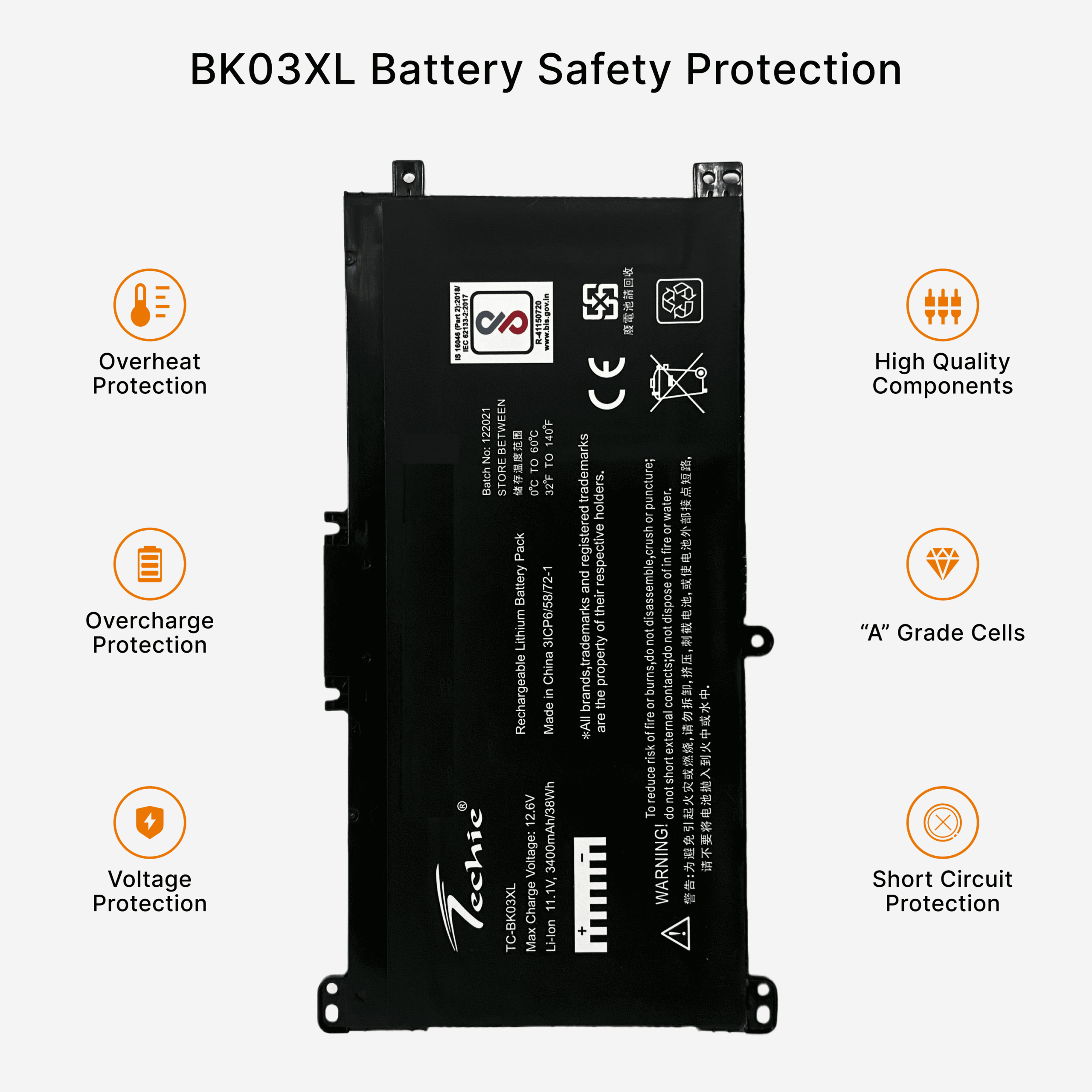 Techie Compatible Battery for HP BK03XL - HSTNN-LB7S, Pavilion X360 14-BA000NB Laptops (3400mAh, 3-Cell)