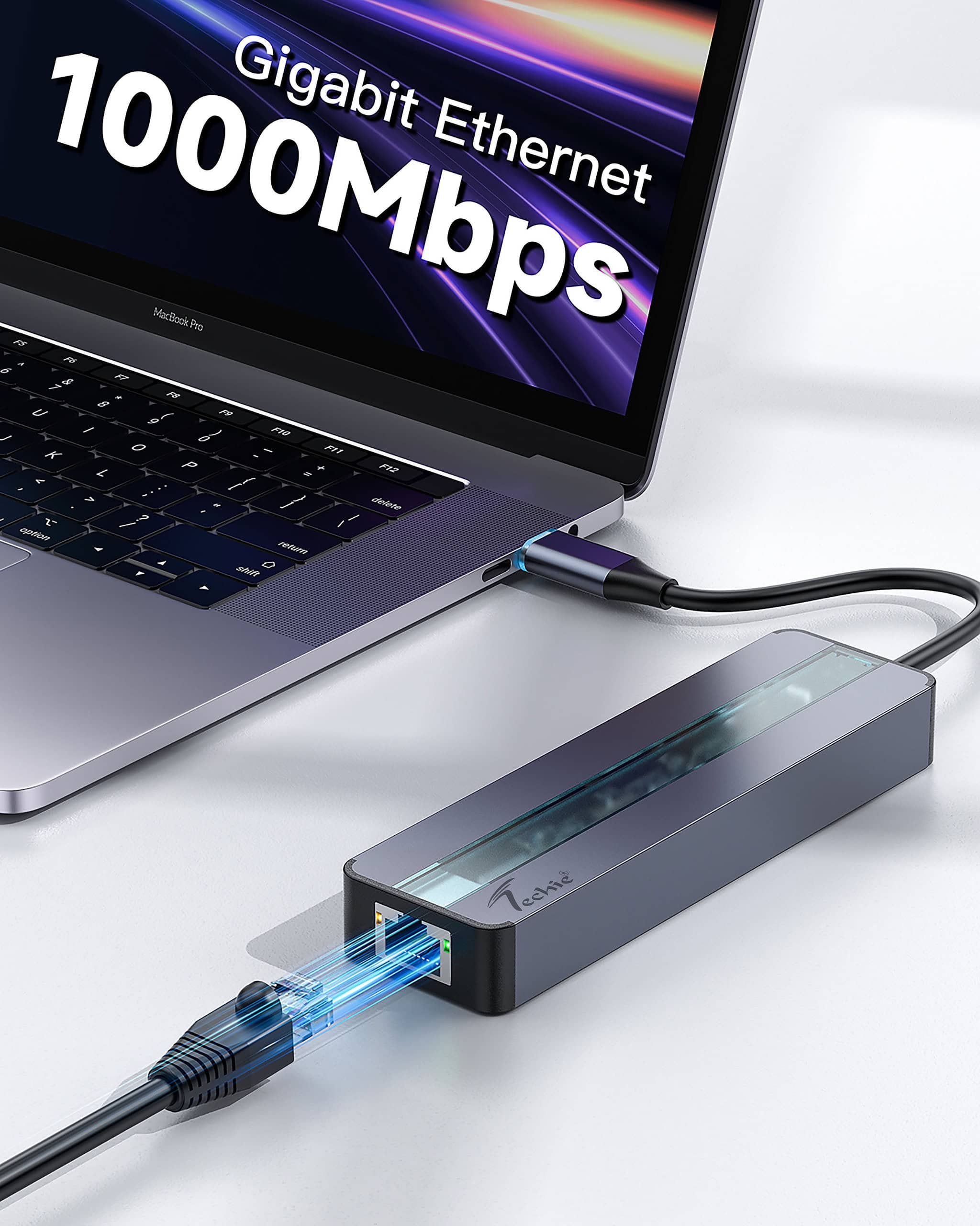 Techie TC Connect 7-in-1 Hub: PD 100W Type-C, Gigabit Ethernet, Dual USB 3.0, 4K@30Hz Ultra HD HDMI.