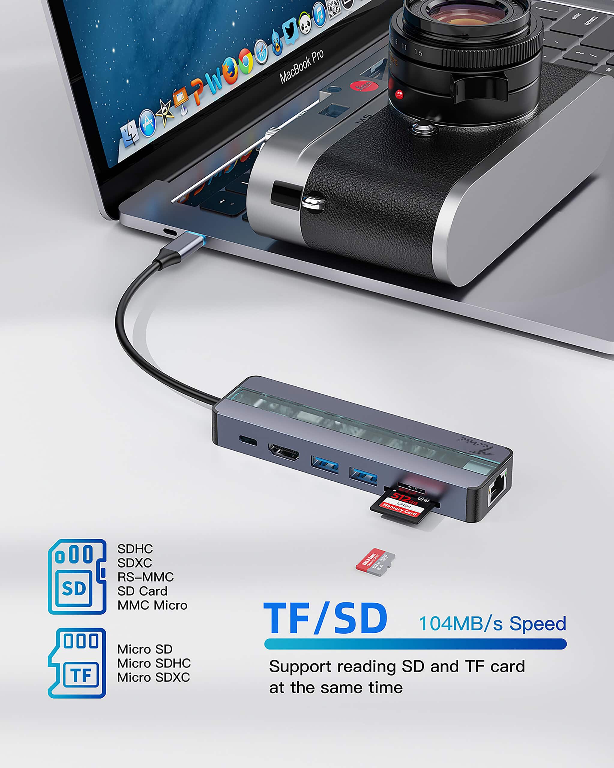 Techie TC Connect 7-in-1 Hub: PD 100W Type-C, Gigabit Ethernet, Dual USB 3.0, 4K@30Hz Ultra HD HDMI.
