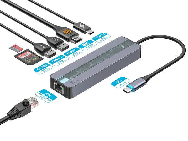 Techie TC Connect 7-in-1 Hub: PD 100W Type-C, Gigabit Ethernet, Dual USB 3.0, 4K@30Hz Ultra HD HDMI.