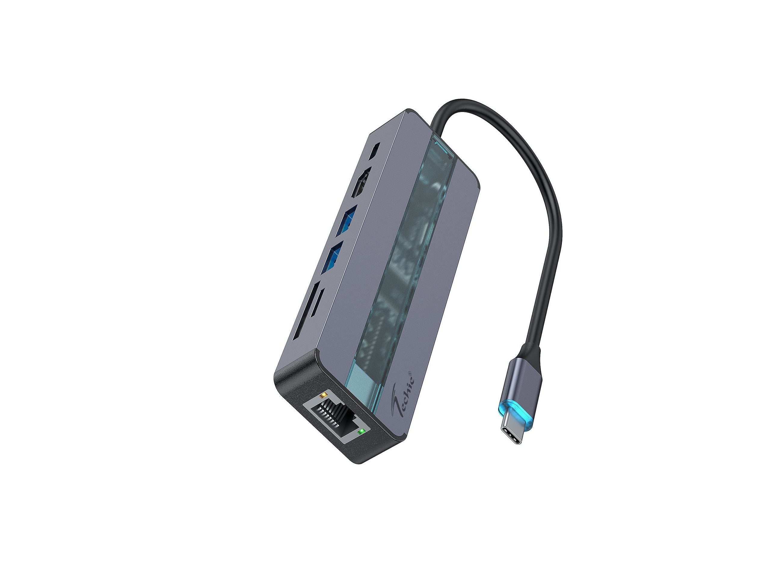 Techie TC Connect 7-in-1 Hub: PD 100W Type-C, Gigabit Ethernet, Dual USB 3.0, 4K@30Hz Ultra HD HDMI.