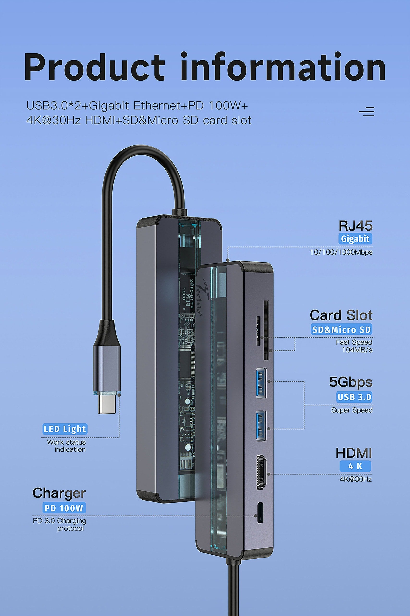 Techie TC Connect 7-in-1 Hub: PD 100W Type-C, Gigabit Ethernet, Dual USB 3.0, 4K@30Hz Ultra HD HDMI.