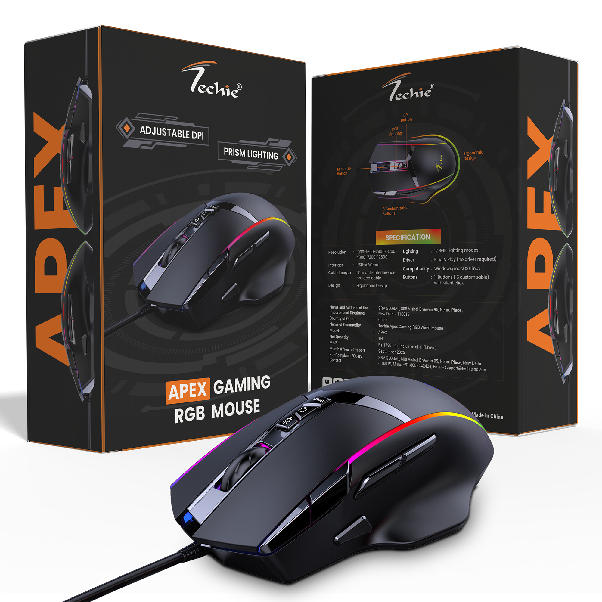 Techie Apex RGB Gaming Mouse | 11 Programmable Buttons | DPI up to 12800 | 1.5m Braided Cable