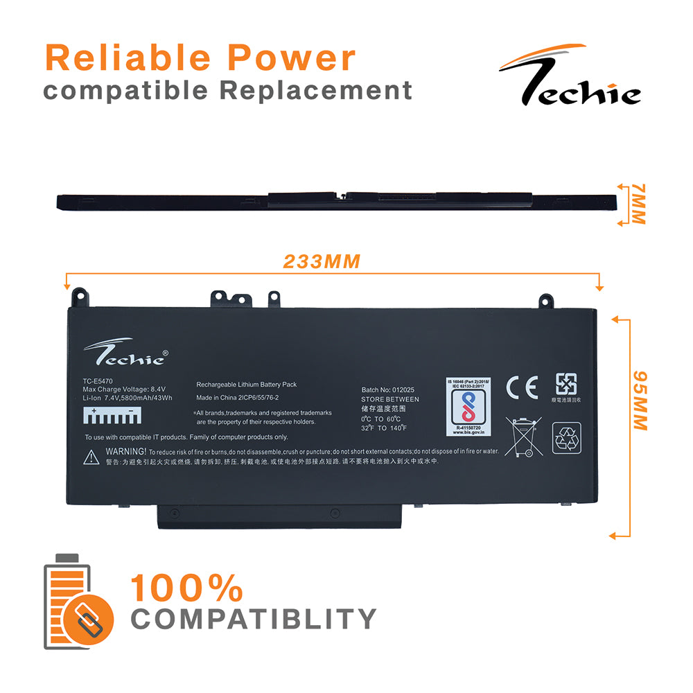 Techie Compatible Battery for Dell E5470 - Latitude E5450, E5470, E5550, E5570, 6MT4T Laptop (5800mAh, 4-Cell)
