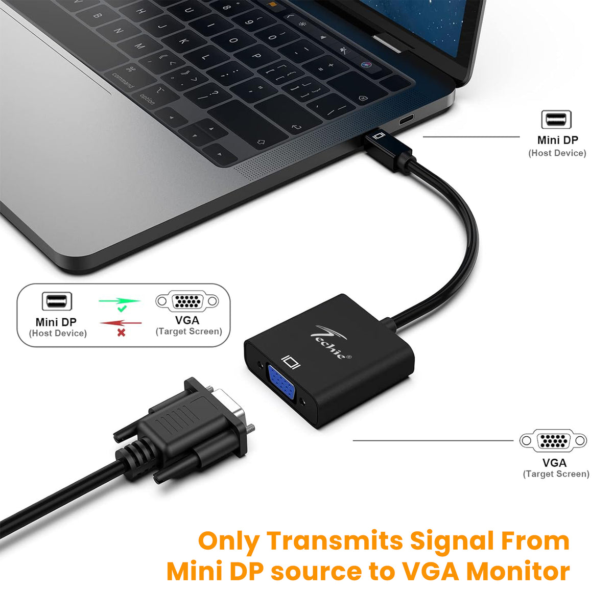 Techie Mini DisplayPort to VGA Converter – 1080P HD Adapter for MacBook, iMac, Surface Series & Laptops