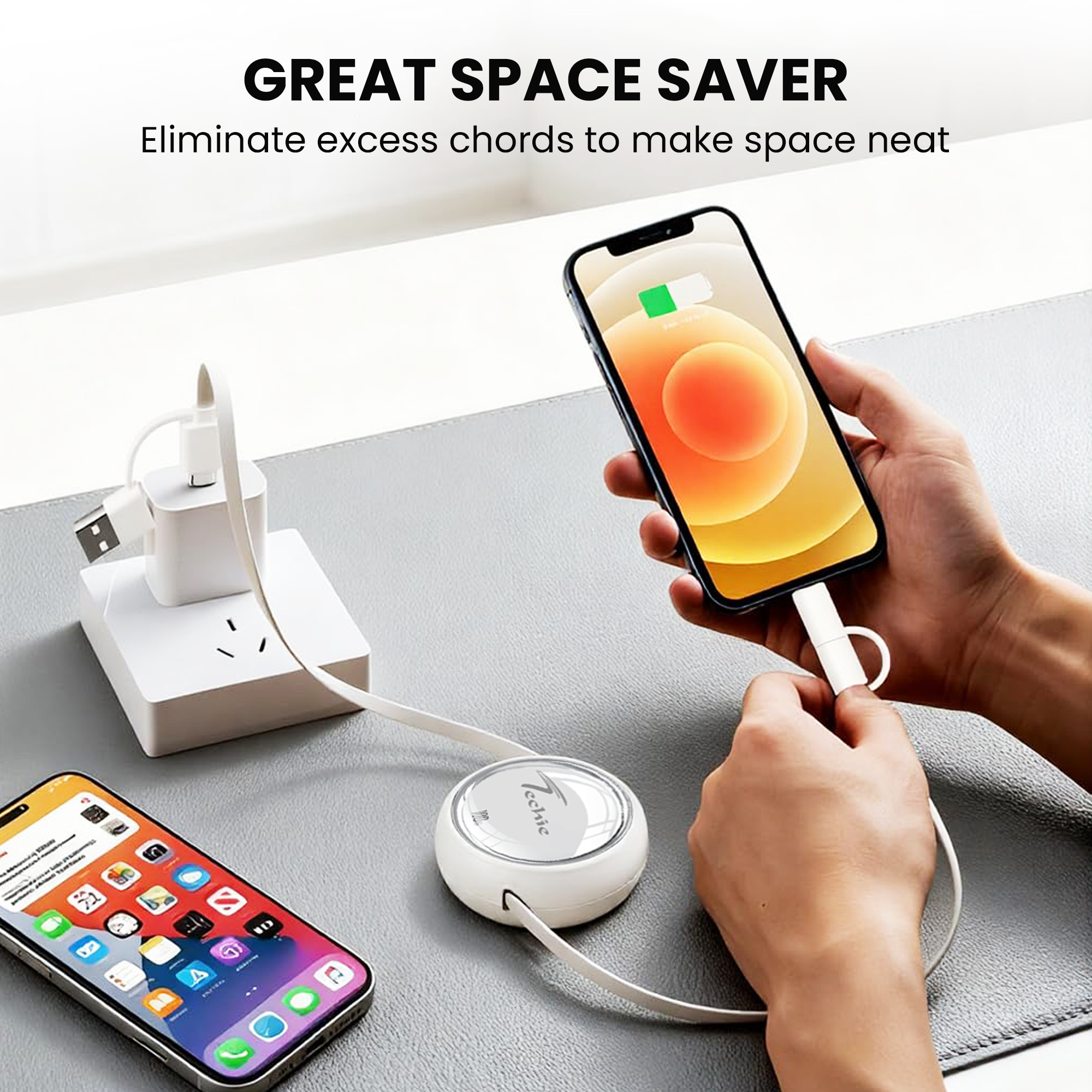 Techie 4-in-1 100W Retractable Charging Cable – USB-A/USB-C to USB-C/Lightning
