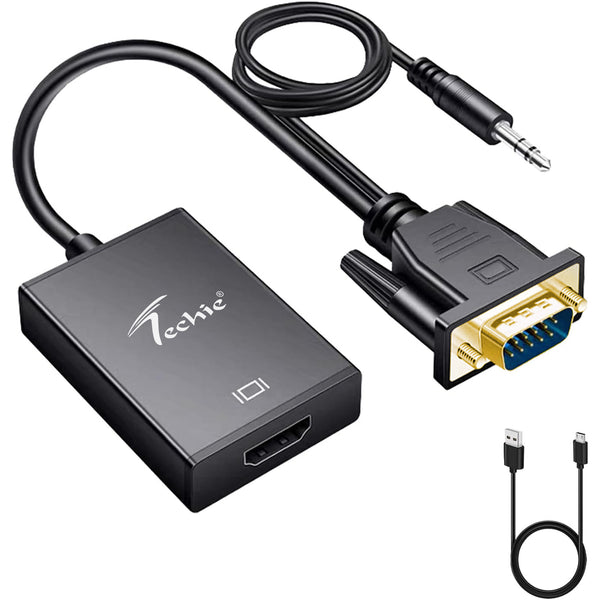 Techie VGA to HDMI Converter with Audio – Male VGA to HDMI Female Adapter | 1080P HD Output