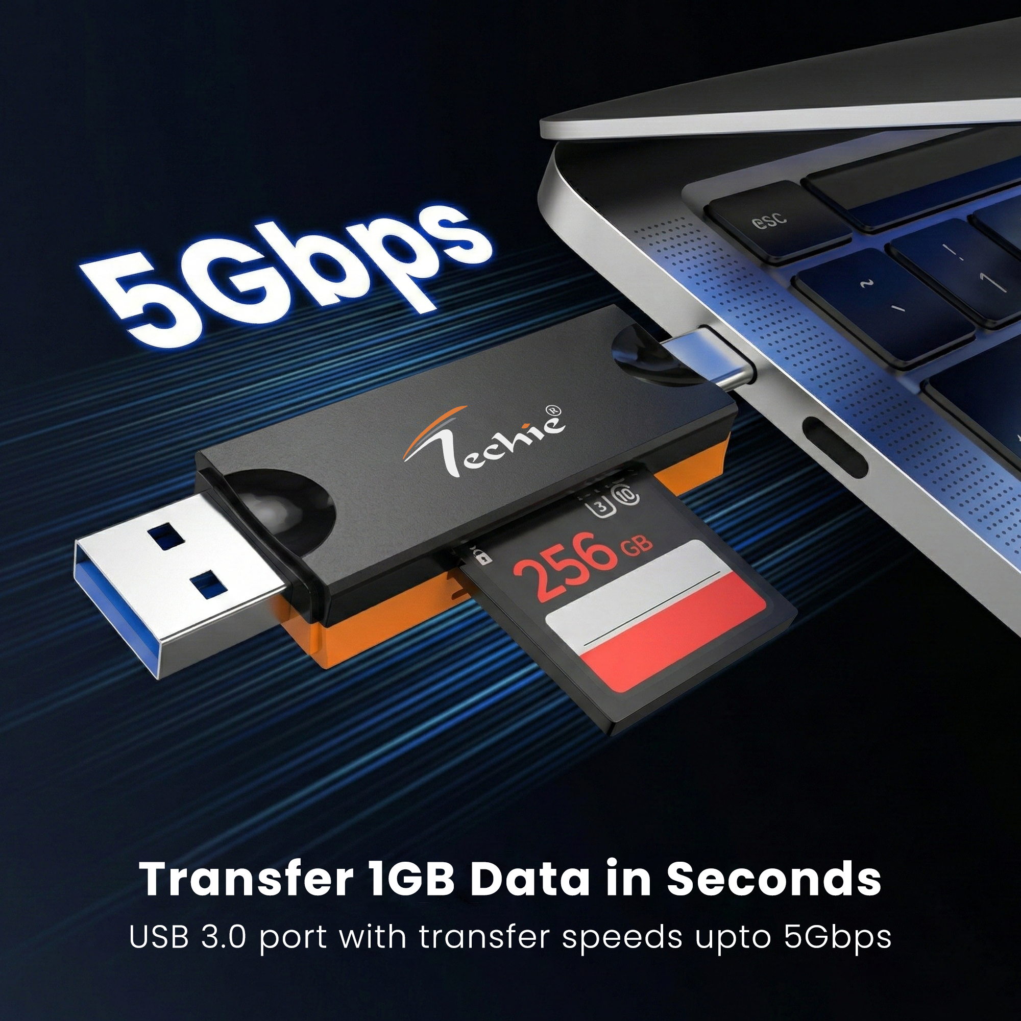 Techie 2-in-1 SD & Micro SD Card Reader – USB-A + USB-C, USB 3.0 / 5 Gbps