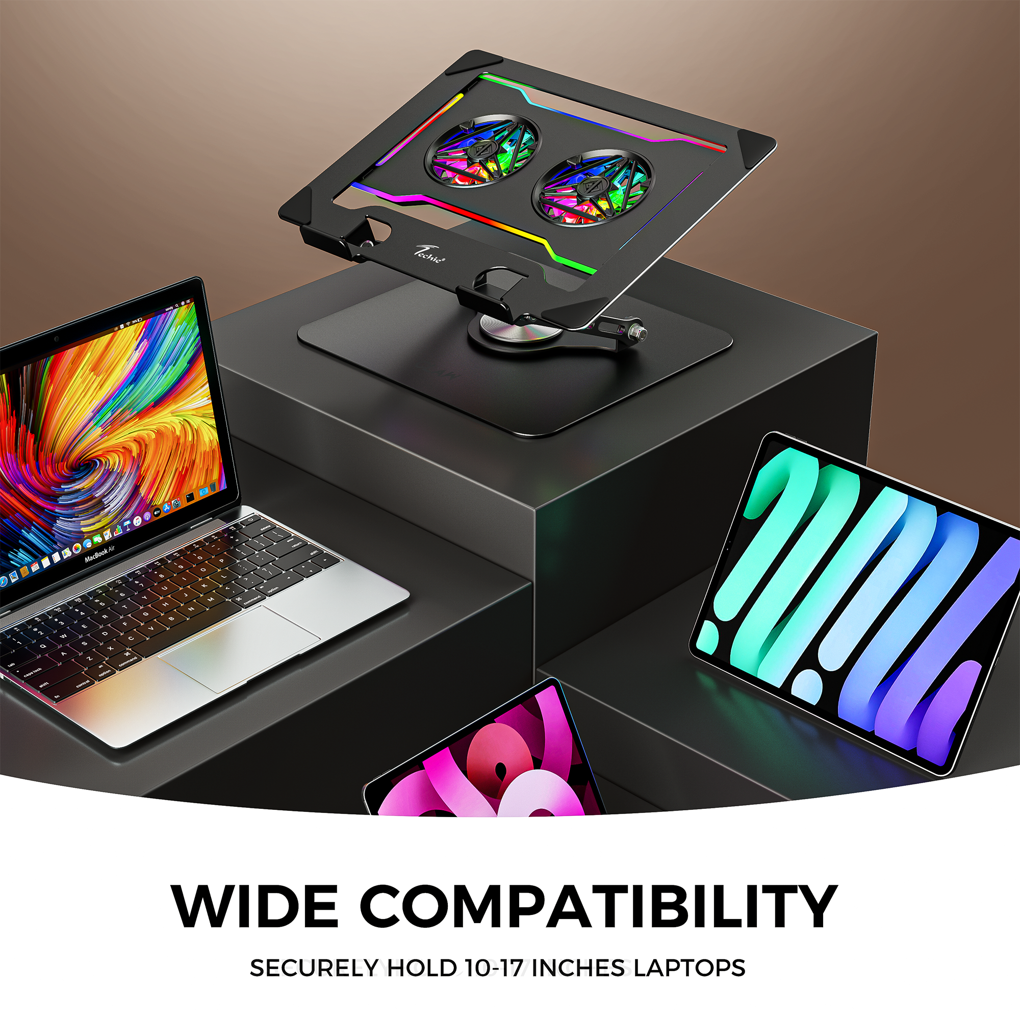 Techie AeroLift RGB Dual-Fan Laptop Cooling Stand with 360° Rotation
