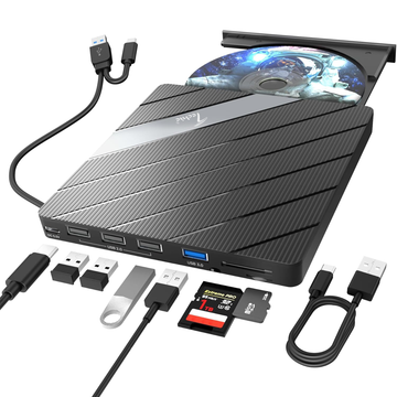 Techie 8-in-1 External DVD Drive with USB 3.0, SD/TF Card Reader & Type-C – CD/DVD Read & Write