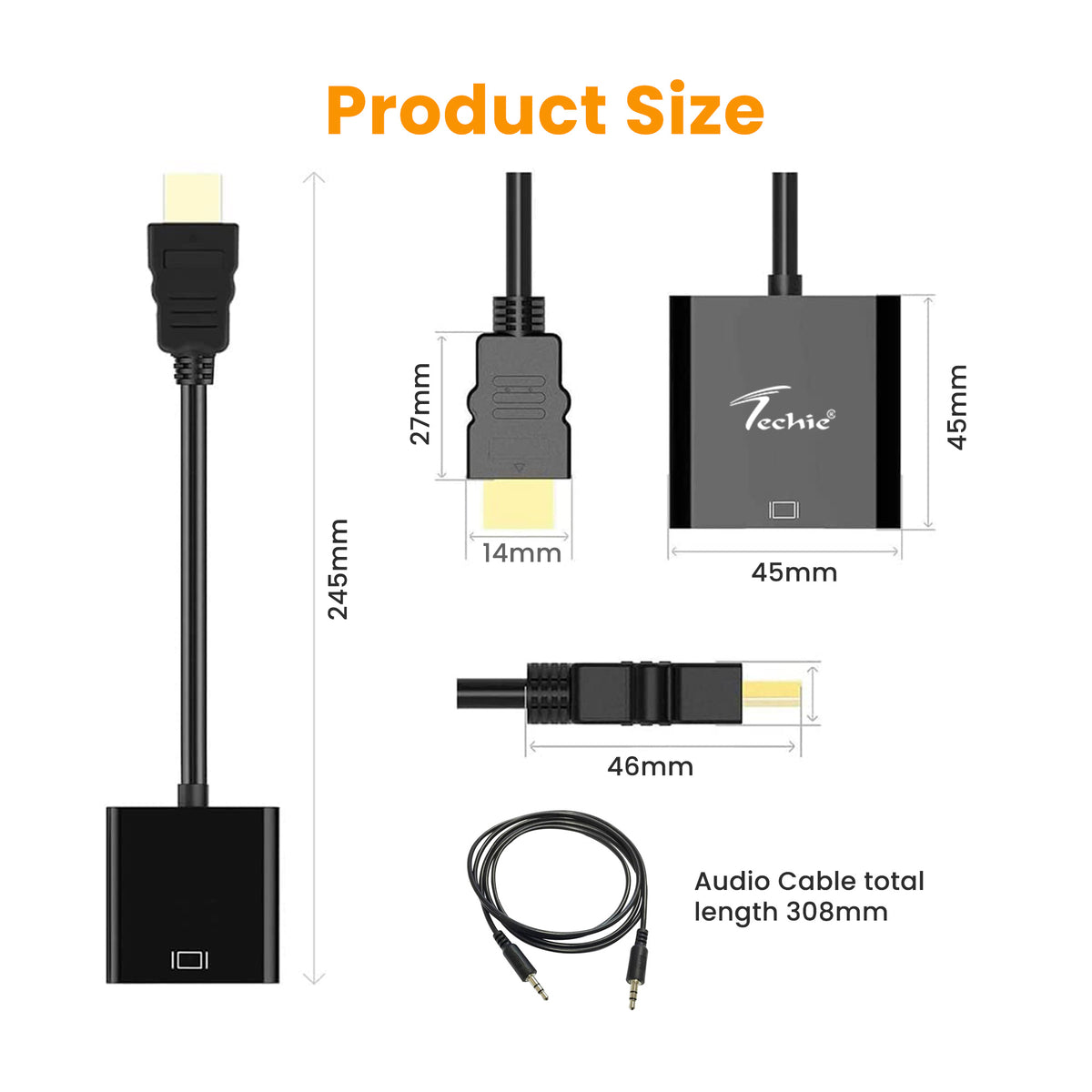 Techie HDMI to VGA Converter with Audio – VGA + 3.5mm Jack