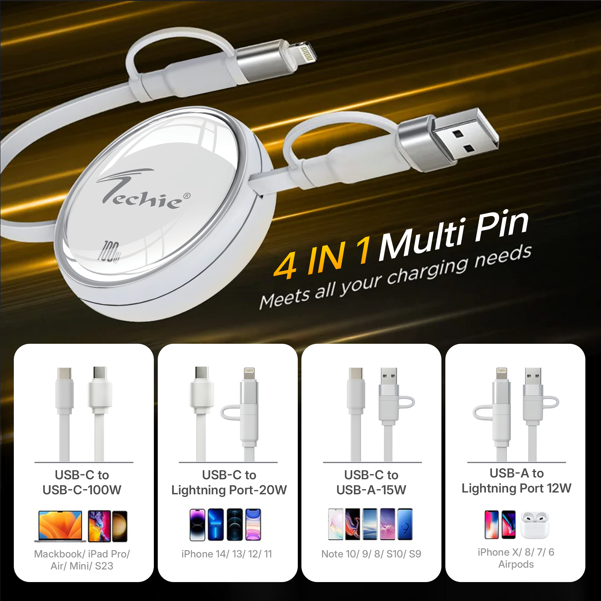 Techie 4-in-1 100W Retractable Charging Cable – USB-A/USB-C to USB-C/Lightning