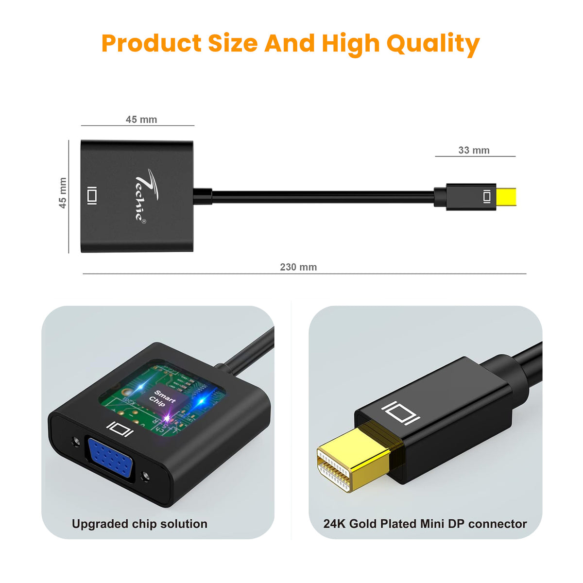 Techie Mini DisplayPort to VGA Converter – 1080P HD Adapter for MacBook, iMac, Surface Series & Laptops