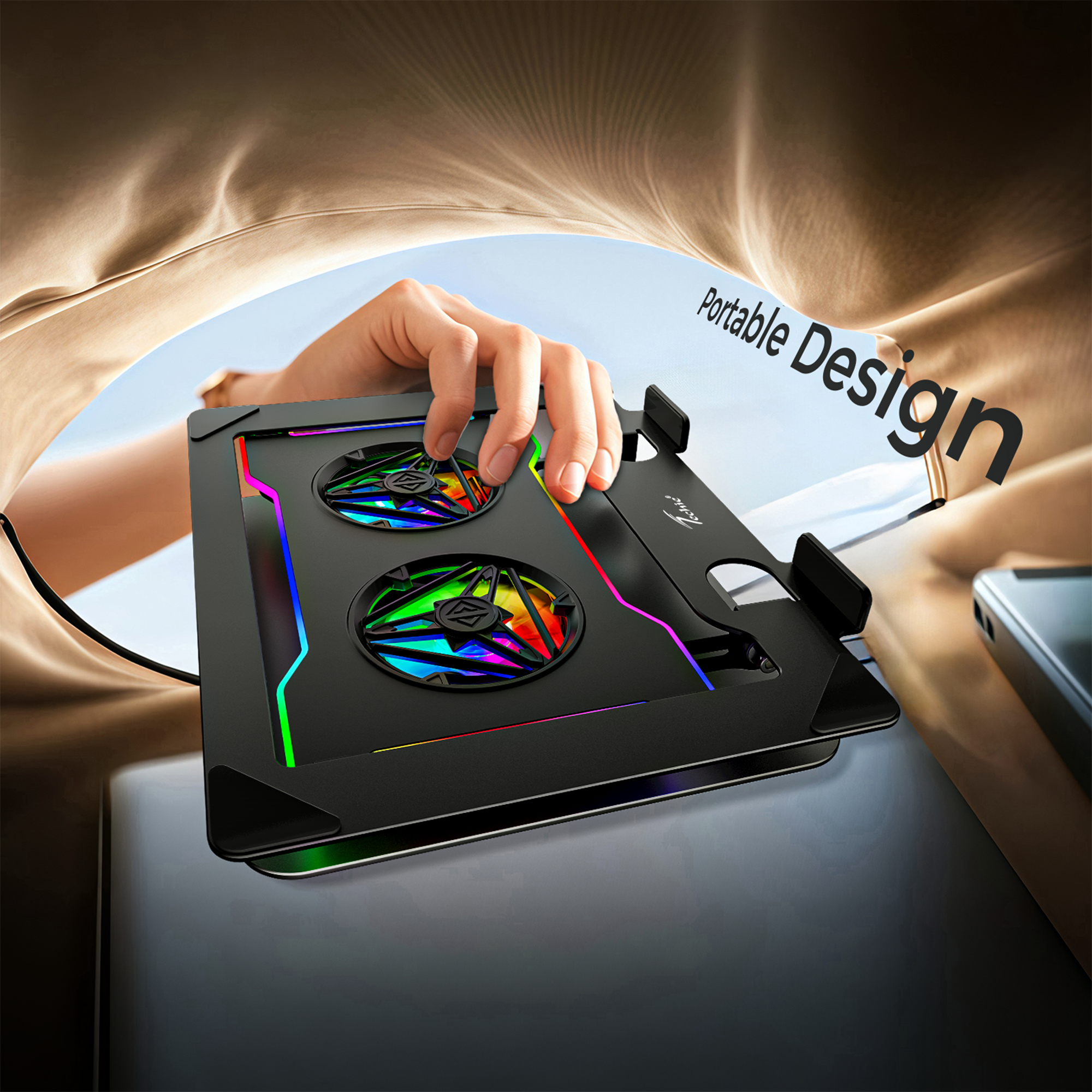 Techie AeroLift RGB Dual-Fan Laptop Cooling Stand with 360° Rotation