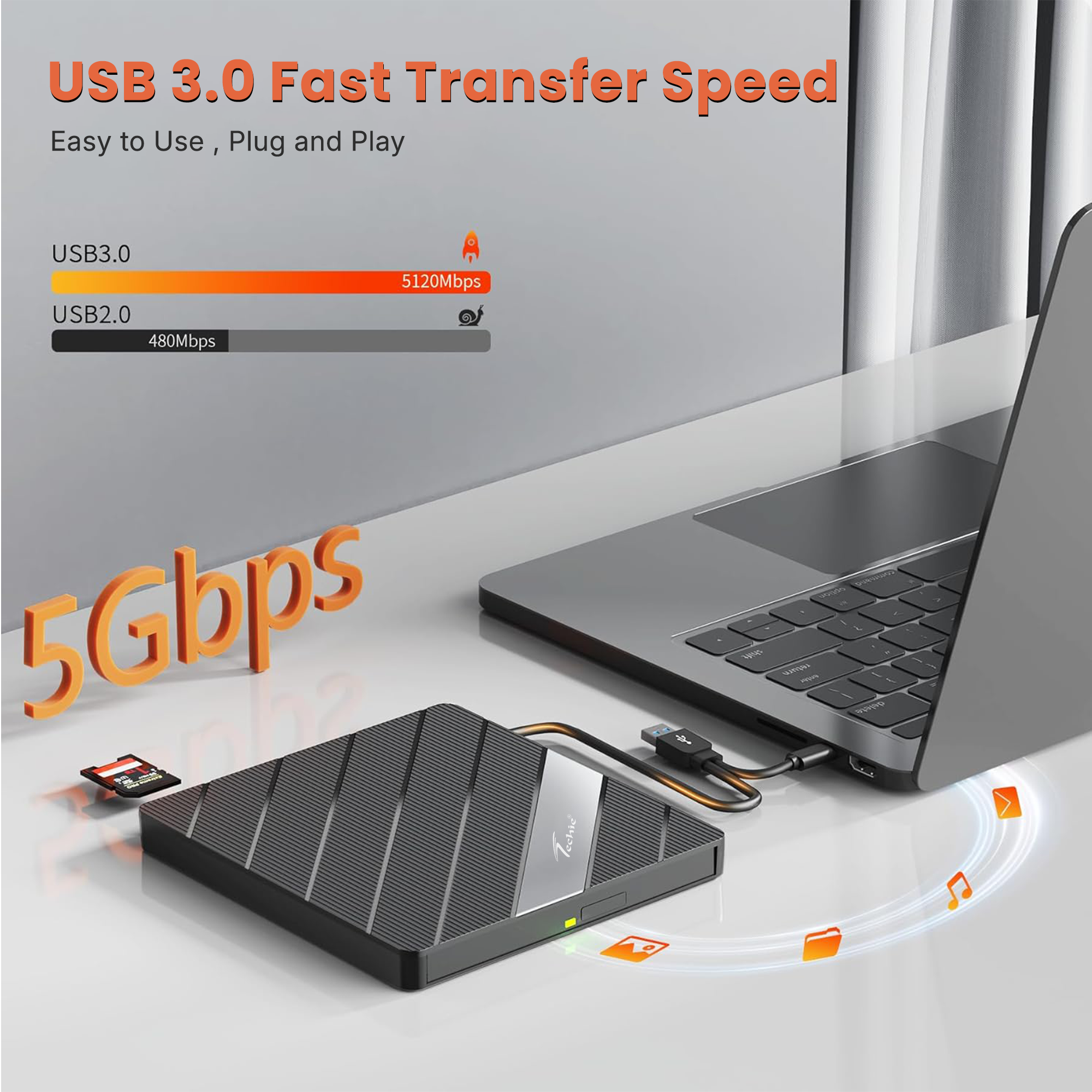 Techie 8-in-1 External DVD Drive with USB 3.0, SD/TF Card Reader & Type-C – CD/DVD Read & Write
