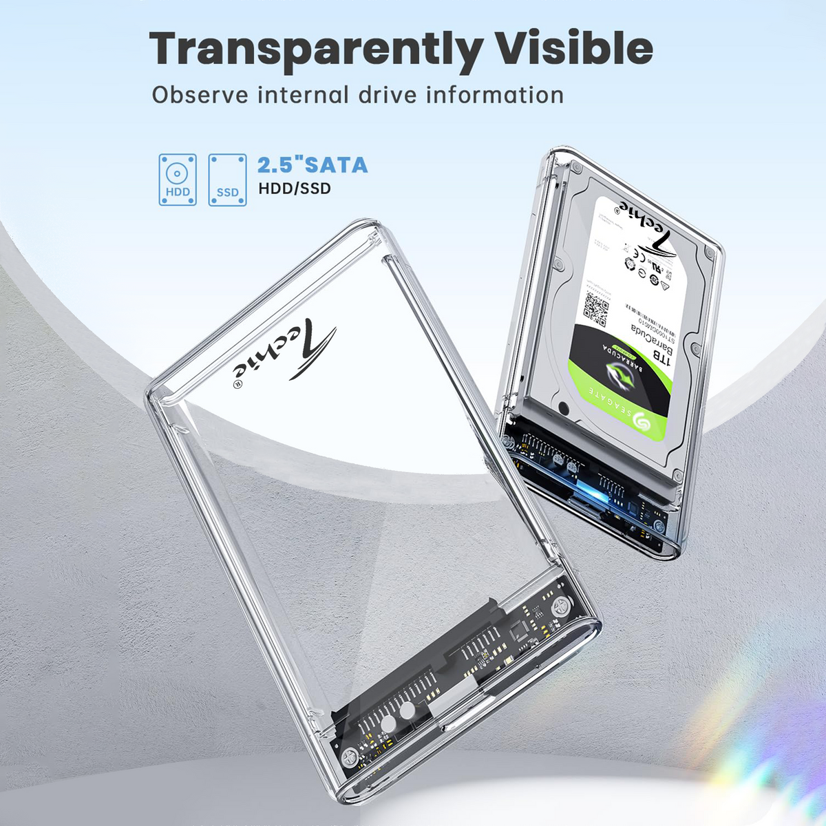 Techie USB 3.0 Transparent External Enclosure for 2.5'' SATA SSD/HDD | Tool-Free | 5Gbps High-Speed