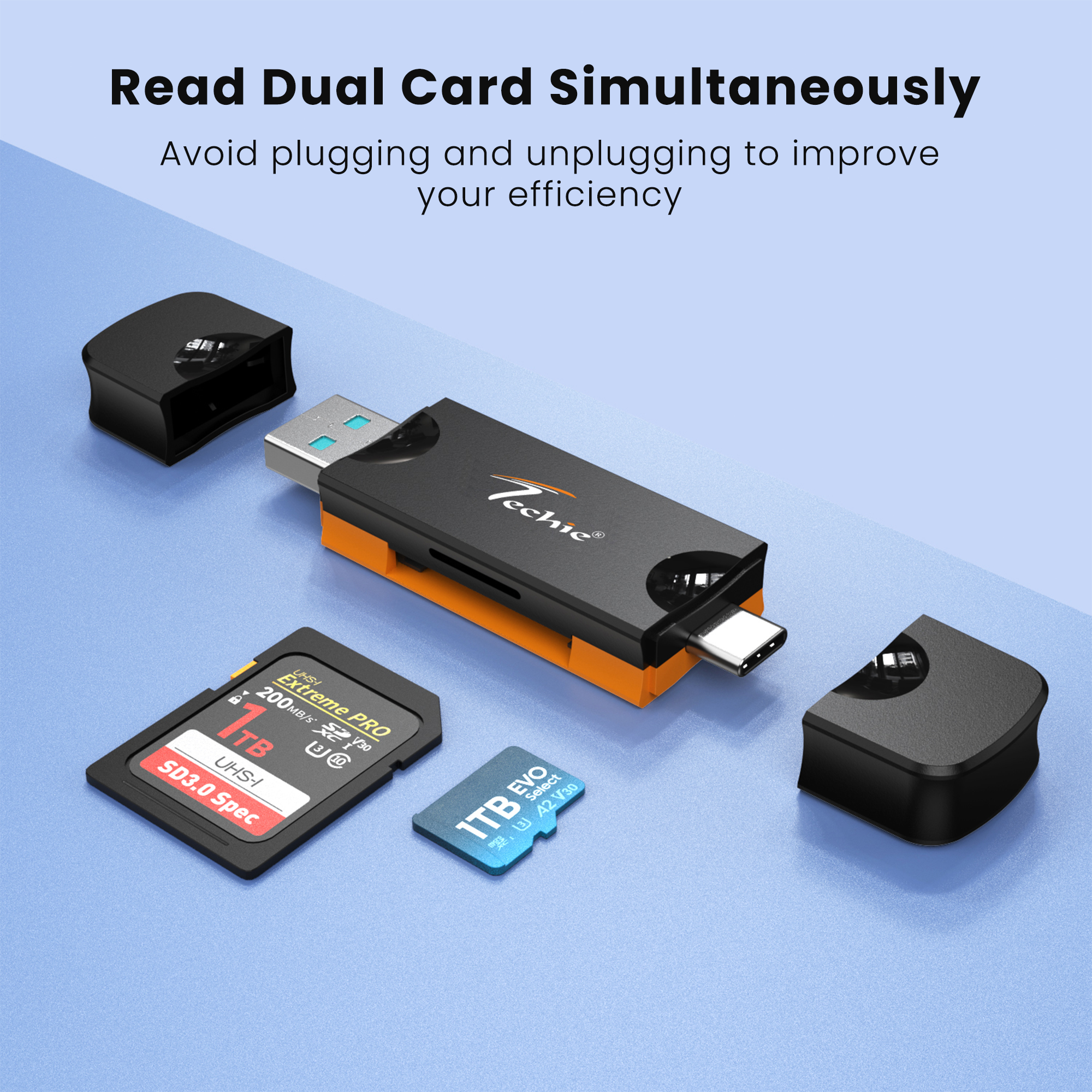 Techie 2-in-1 SD & Micro SD Card Reader – USB-A + USB-C, USB 3.0 / 5 Gbps