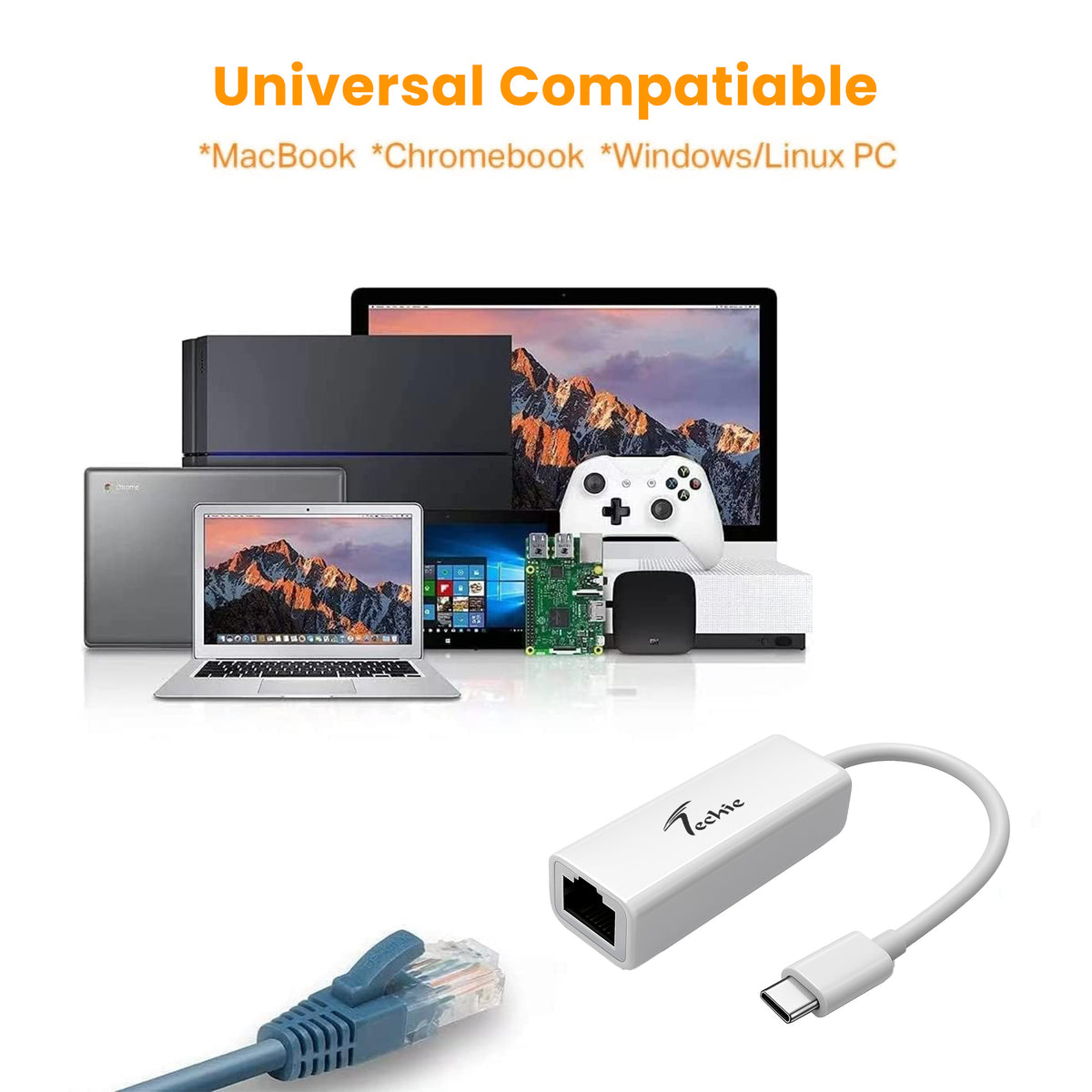Techie Type-C to RJ45 LAN Converter – 100Mbps Wired Network Adapter