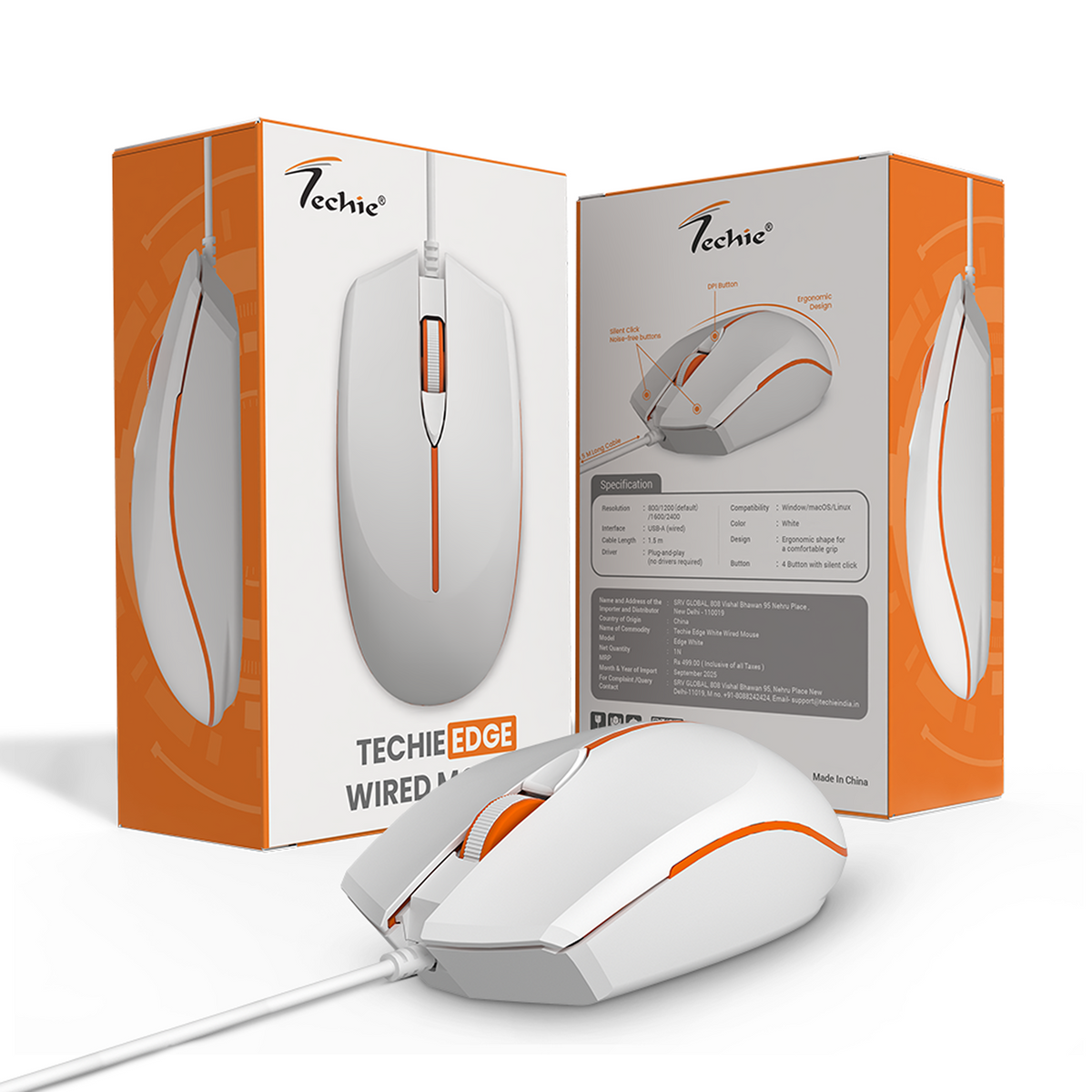 Techie Edge Wired Mouse White | 4D Ergonomic | Adjustable DPI 800–2400 | 1.5m Cable
