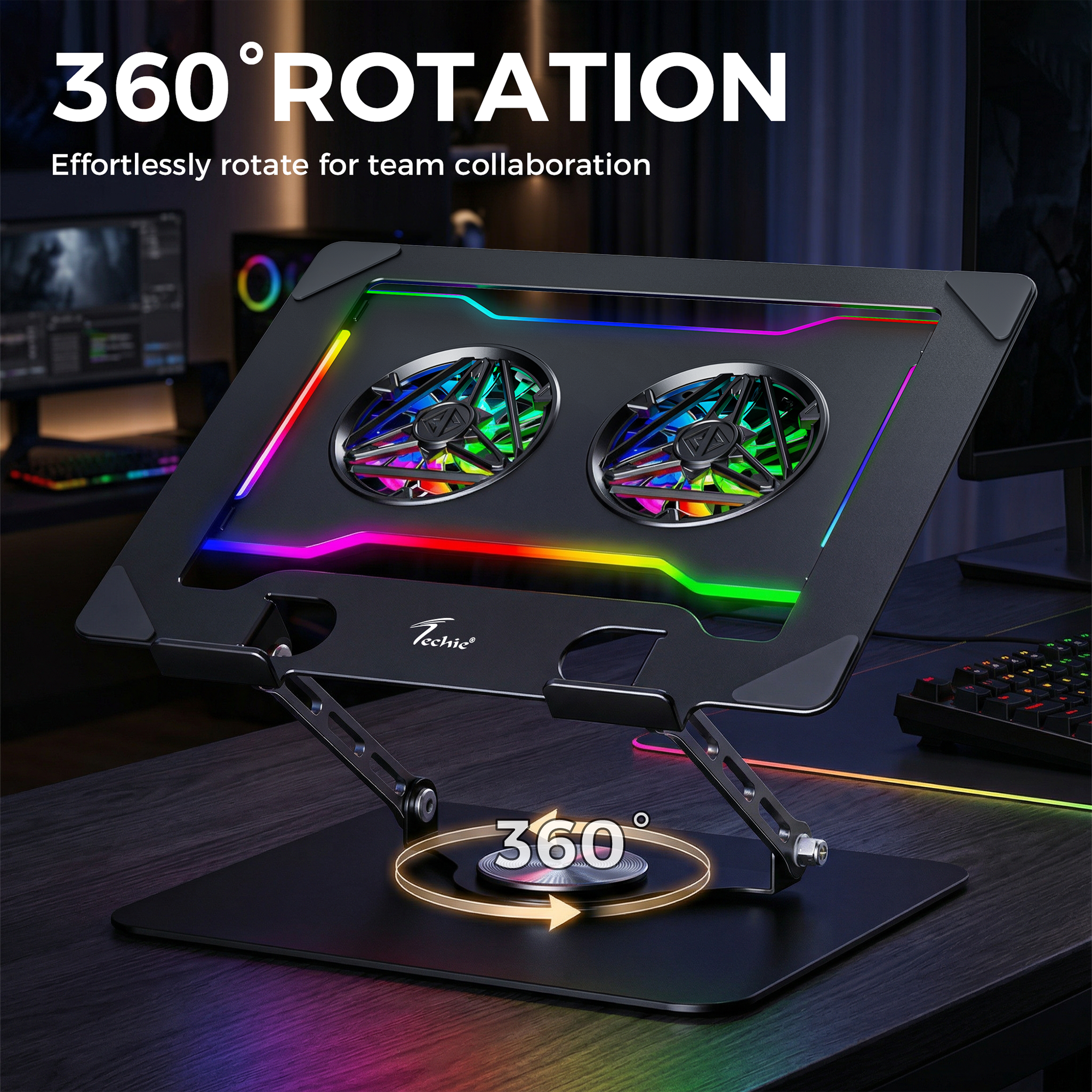 Techie AeroLift RGB Dual-Fan Laptop Cooling Stand with 360° Rotation