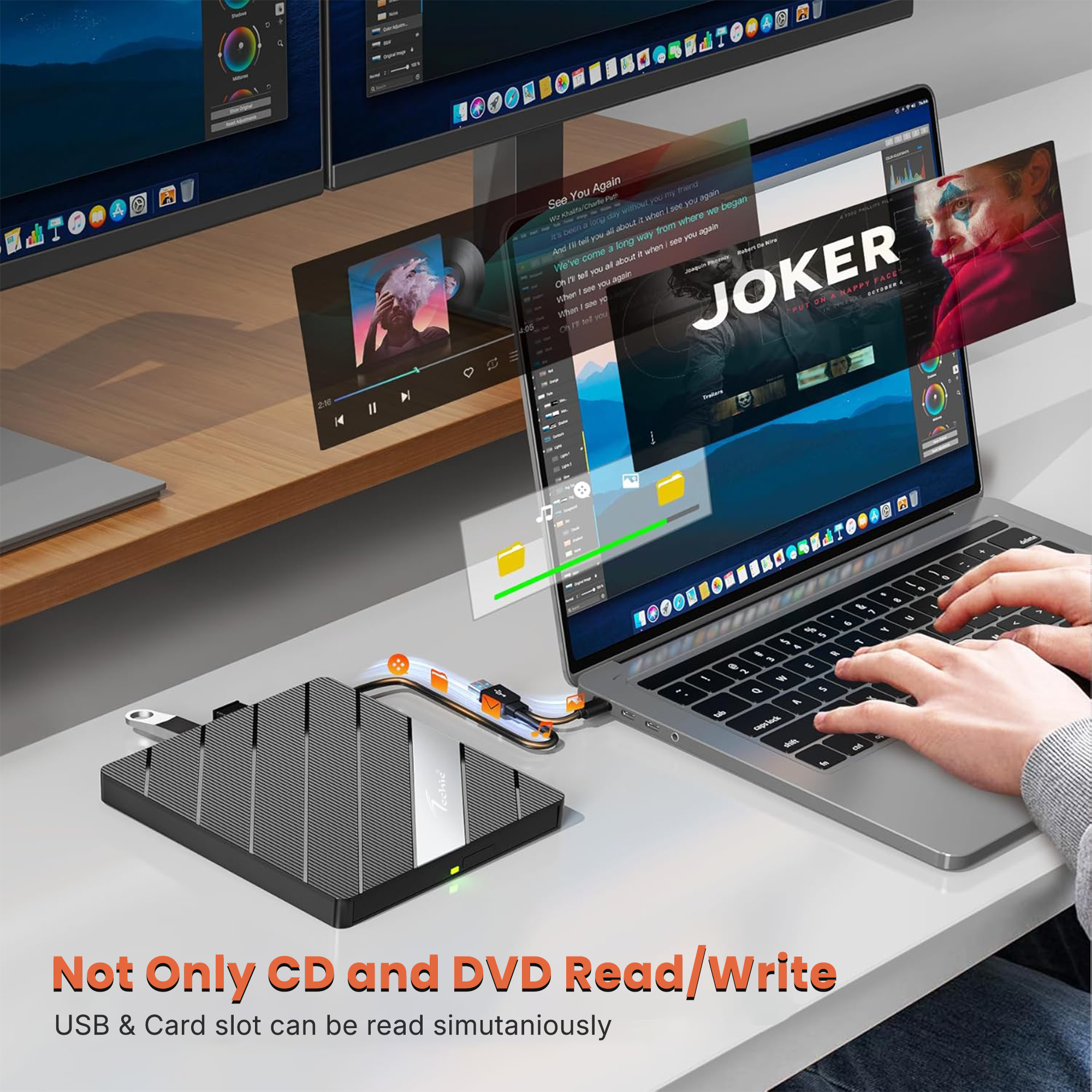 Techie 8-in-1 External DVD Drive with USB 3.0, SD/TF Card Reader & Type-C – CD/DVD Read & Write