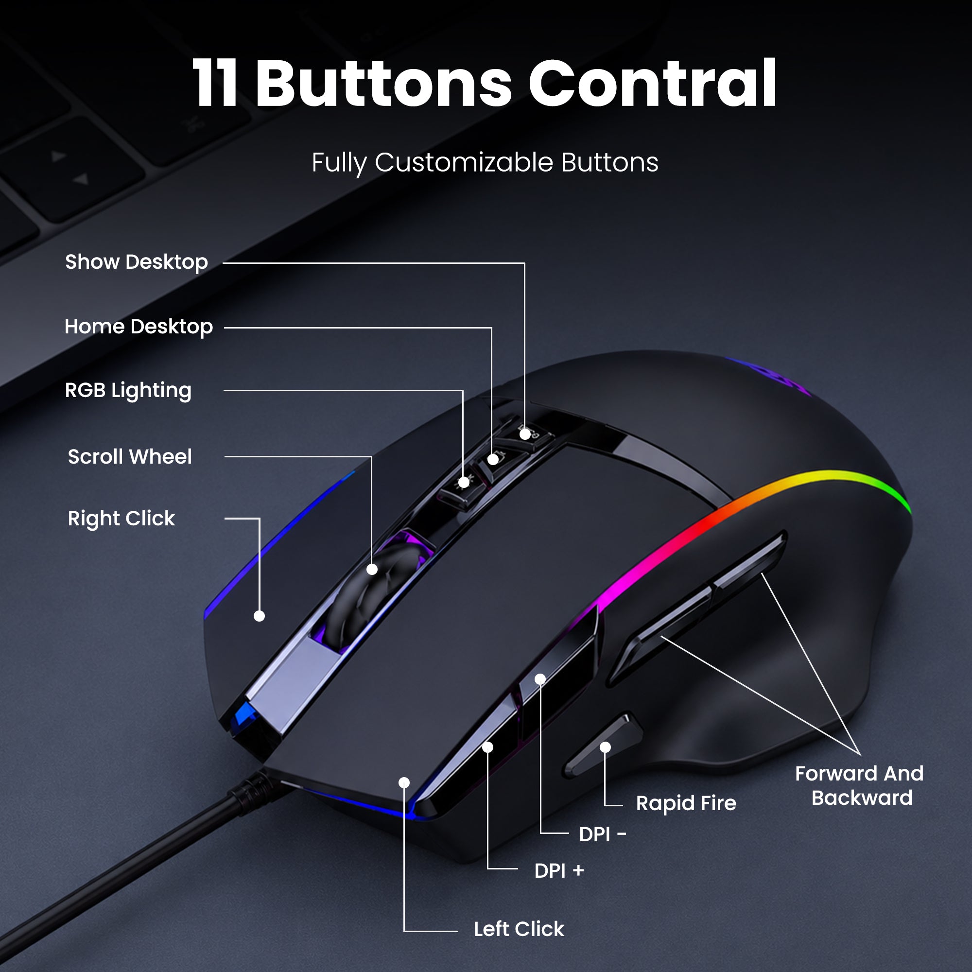 Techie Apex RGB Gaming Mouse | 11 Programmable Buttons | DPI up to 12800 | 1.5m Braided Cable