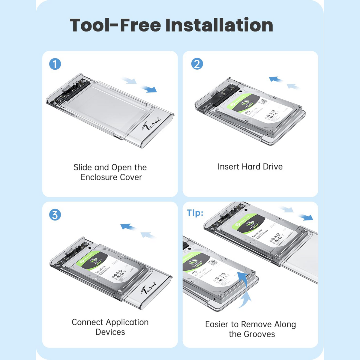 Techie USB 3.0 Transparent External Enclosure for 2.5'' SATA SSD/HDD | Tool-Free | 5Gbps High-Speed