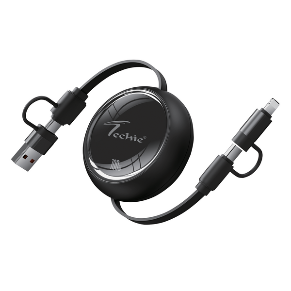 Techie 4-in-1 100W Retractable Charging Cable – USB-A/USB-C to USB-C/Lightning