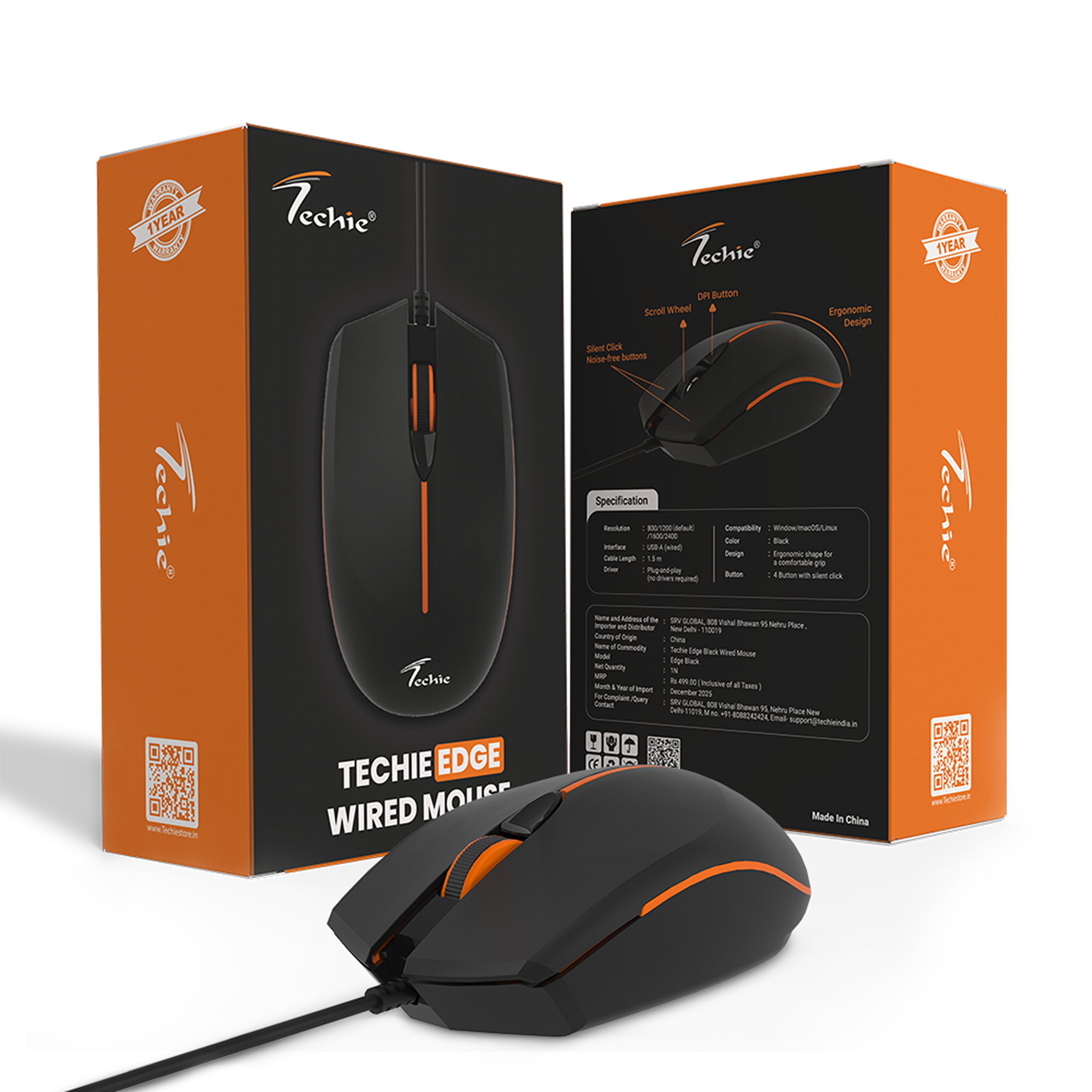 Techie Edge Wired Mouse Black | 4D Ergonomic | Adjustable DPI 800–2400 | 1.5m Cable