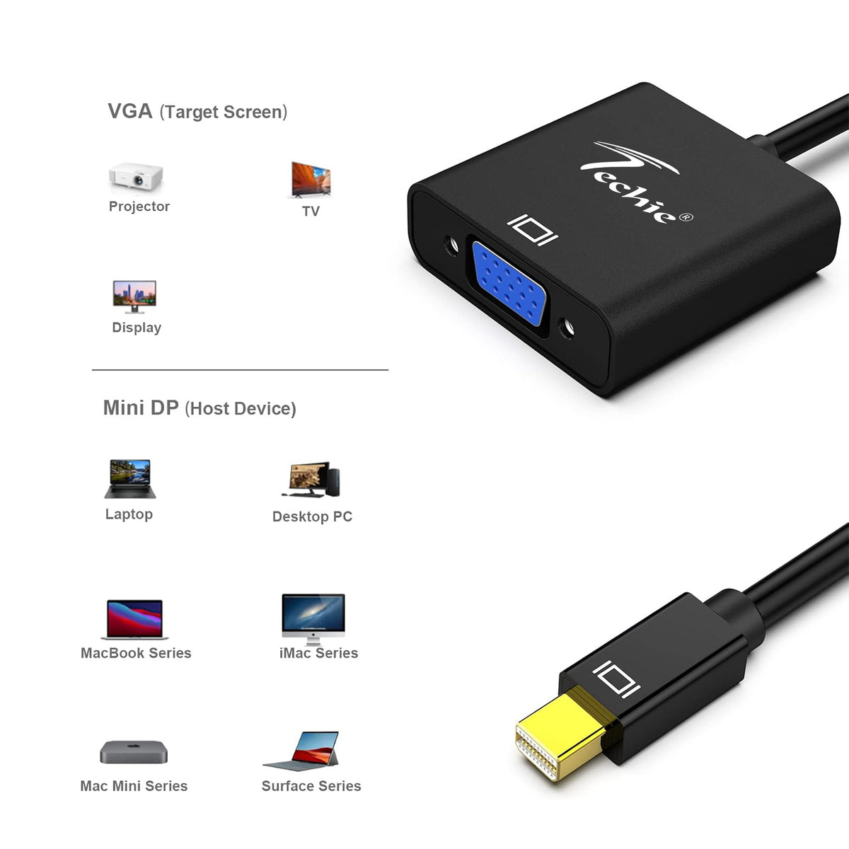 Techie Mini DisplayPort to VGA Converter – 1080P HD Adapter for MacBook, iMac, Surface Series & Laptops