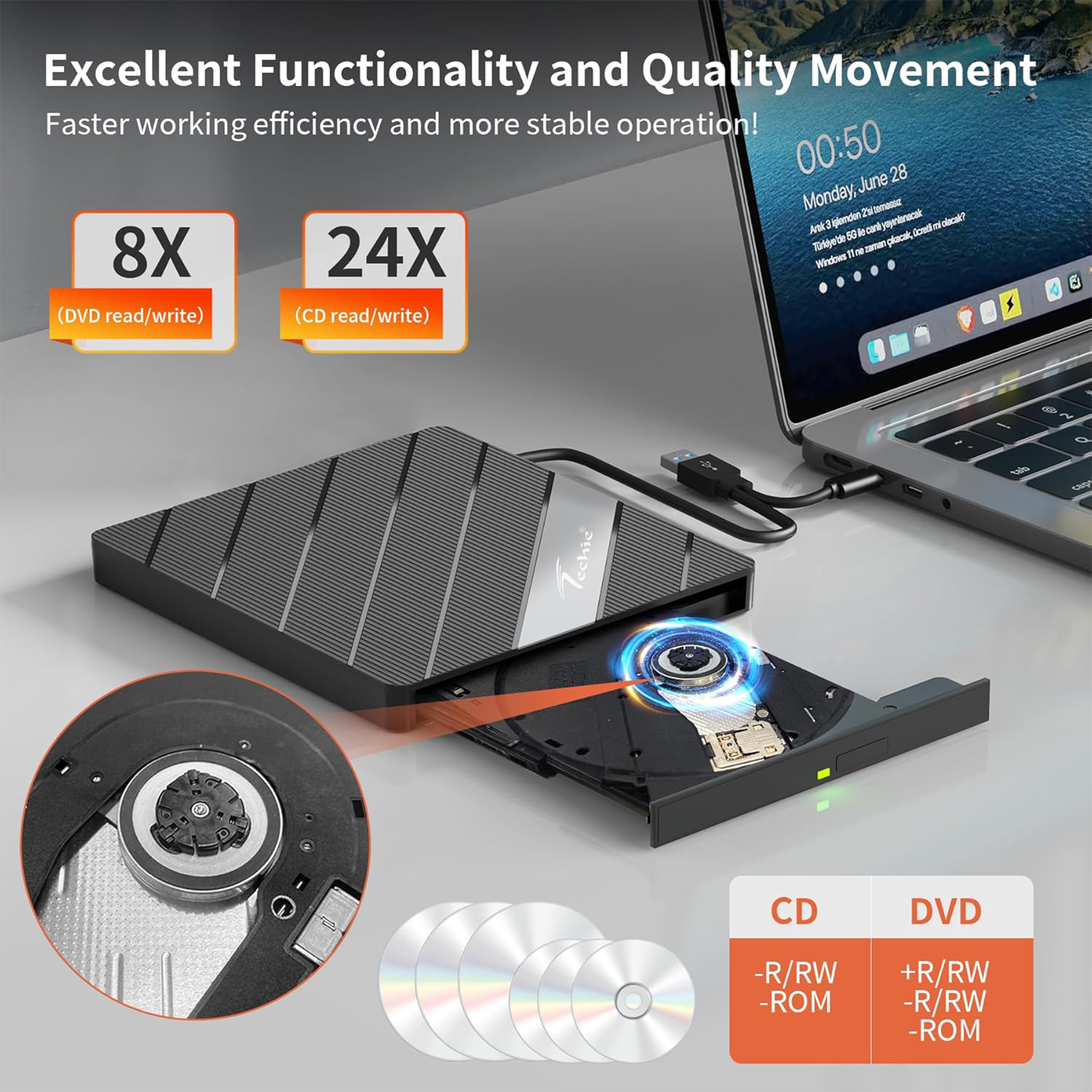 Techie 8-in-1 External DVD Drive with USB 3.0, SD/TF Card Reader & Type-C – CD/DVD Read & Write