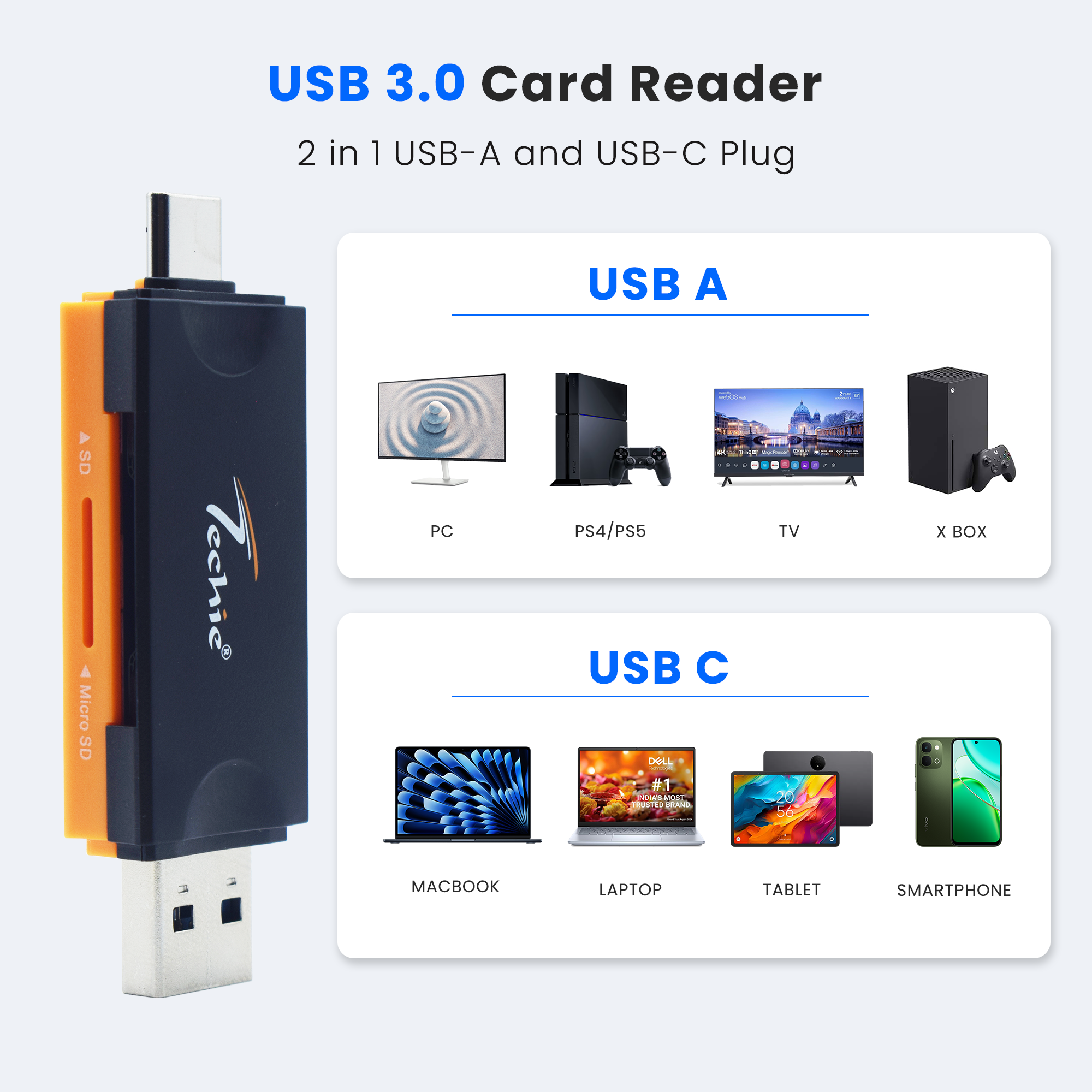 Techie 2-in-1 SD & Micro SD Card Reader – USB-A + USB-C, USB 3.0 / 5 Gbps