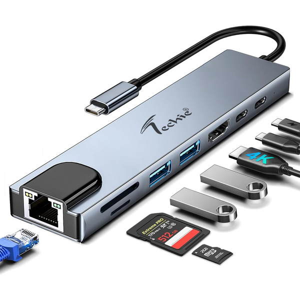 Techie 8-in-1 Type-C Multiport Hub with RJ45 | HDMI 4K | USB-A | USB-C | SD/TF | PD 100W