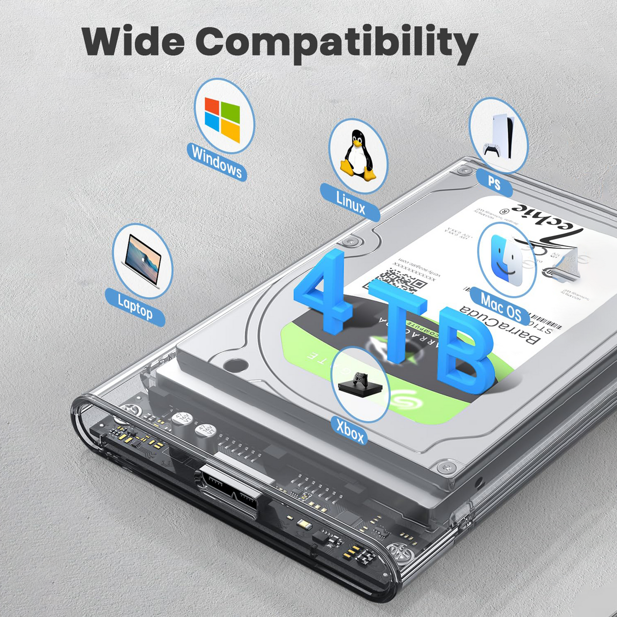 Techie USB 3.0 Transparent External Enclosure for 2.5'' SATA SSD/HDD | Tool-Free | 5Gbps High-Speed