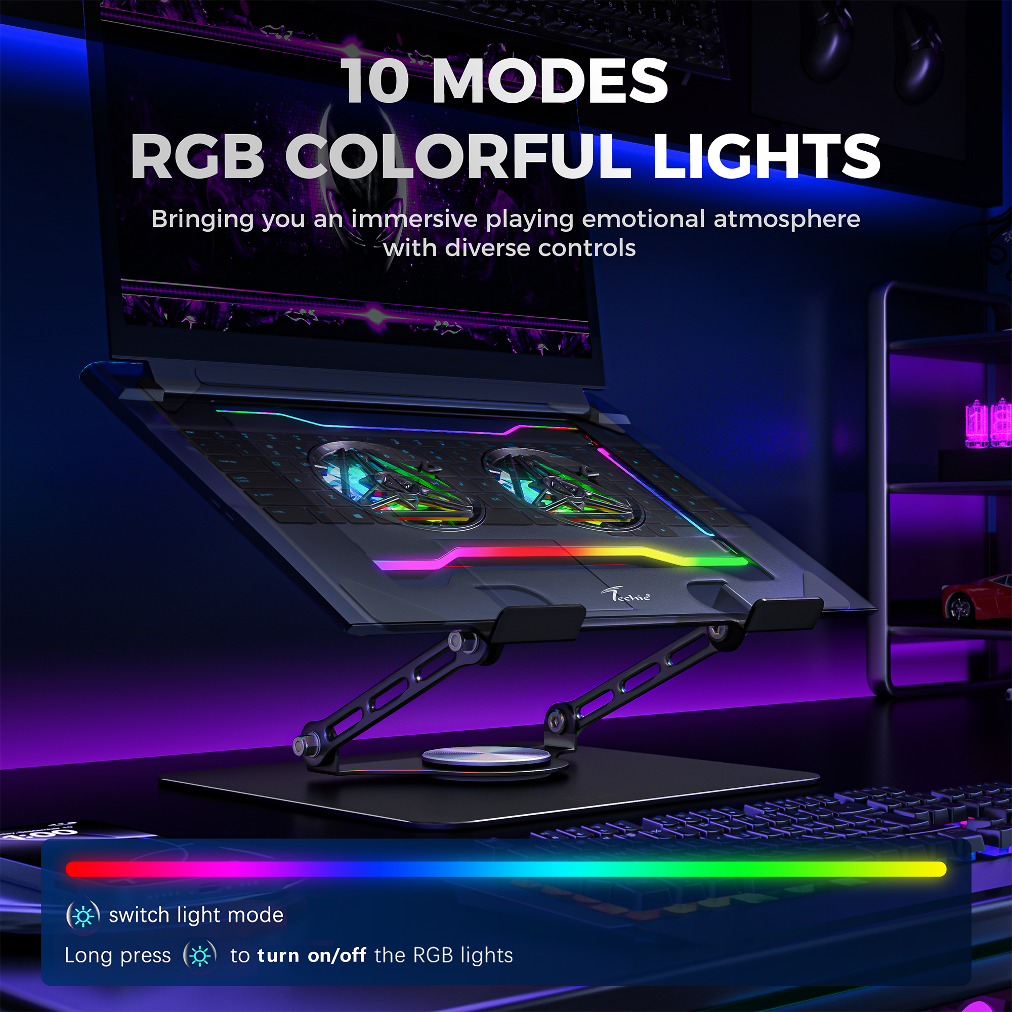 Techie AeroLift RGB Dual-Fan Laptop Cooling Stand with 360° Rotation