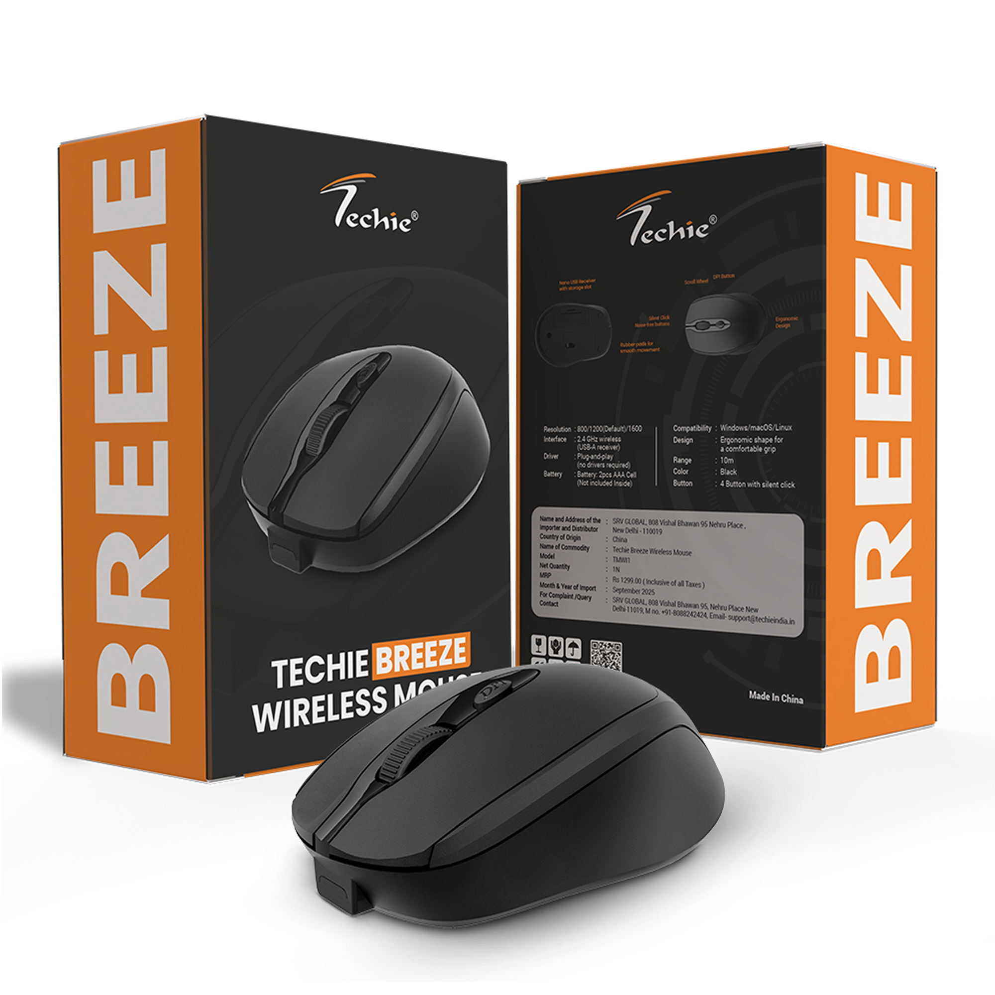 Techie Breeze Wireless Mouse | 2.4GHz | 4D Ergonomic | DPI 800–1600 | 10m Range