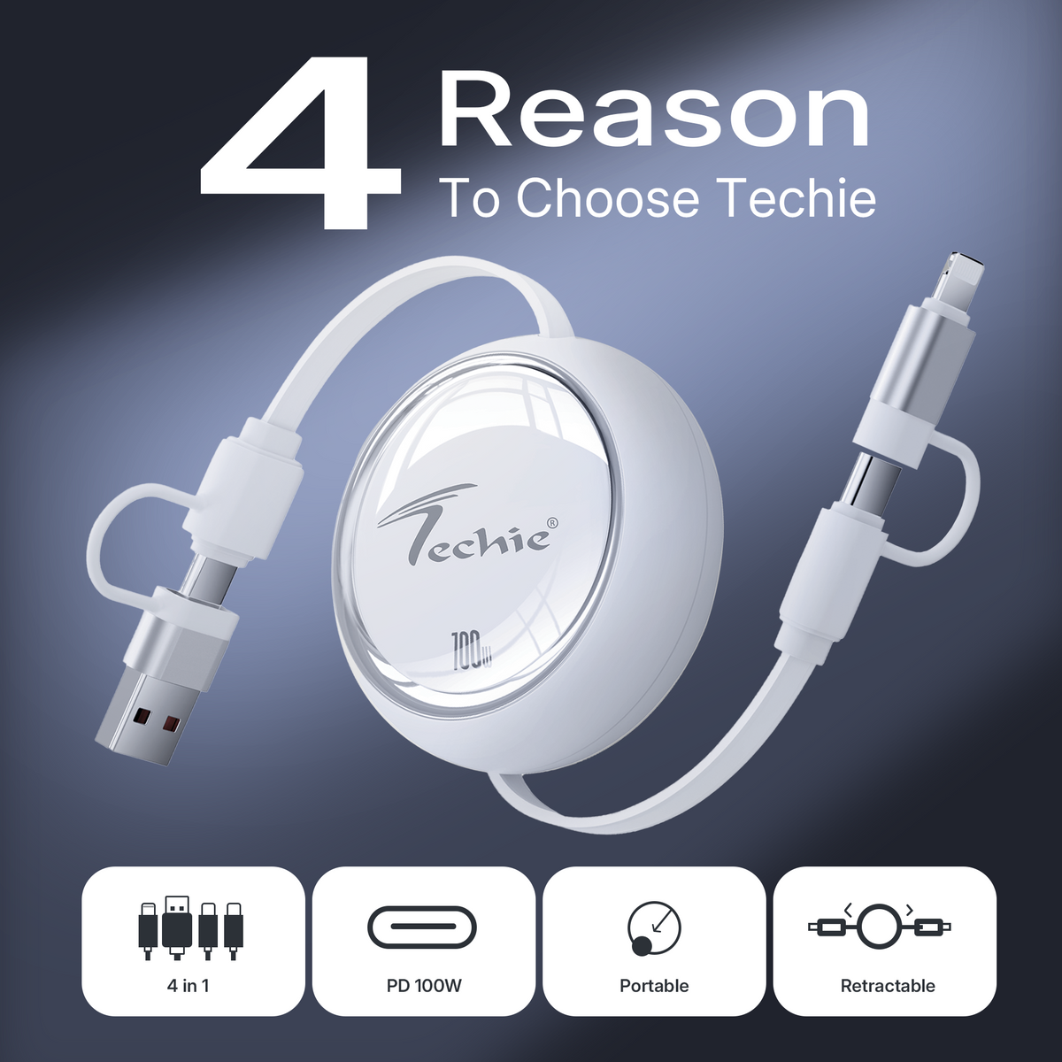 Techie 4-in-1 100W Retractable Charging Cable – USB-A/USB-C to USB-C/Lightning