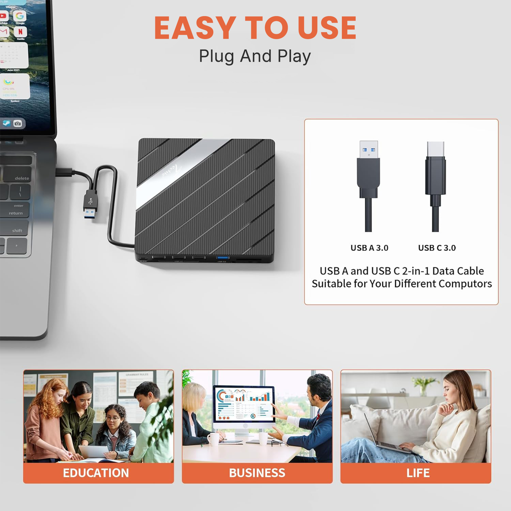 Techie 8-in-1 External DVD Drive with USB 3.0, SD/TF Card Reader & Type-C – CD/DVD Read & Write