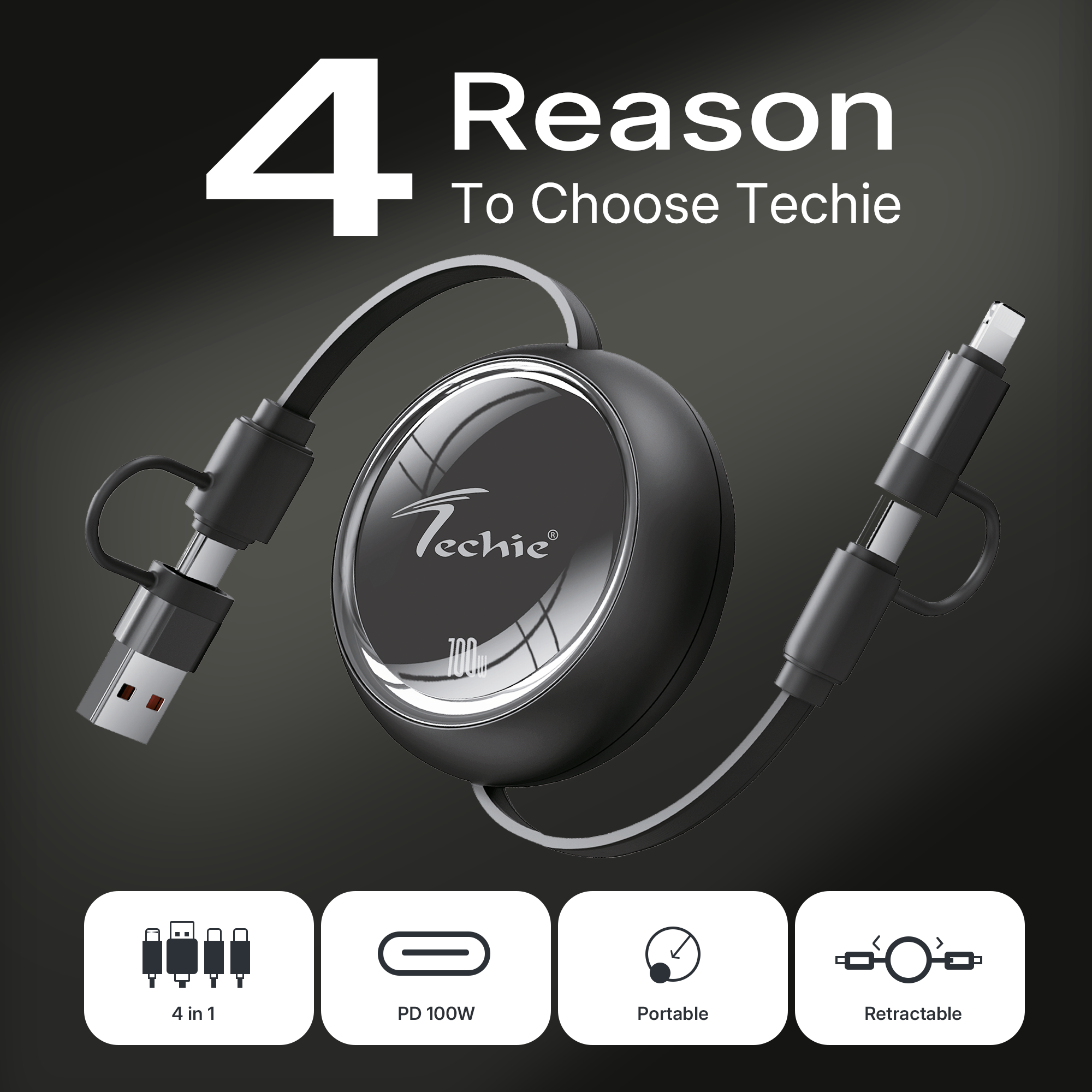 Techie 4-in-1 100W Retractable Charging Cable – USB-A/USB-C to USB-C/Lightning